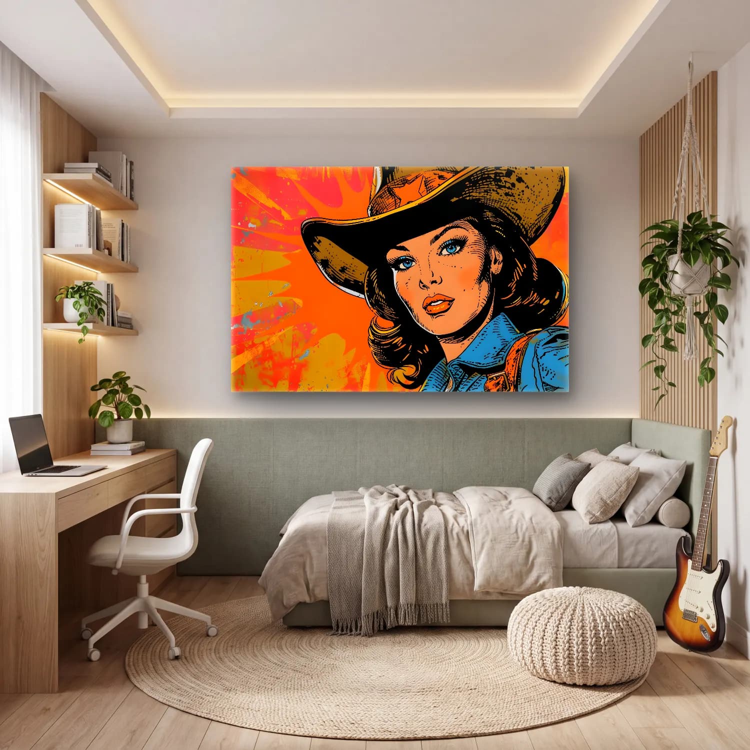Pop Art Şapkalı Kadın – Turuncu Tonlar cam tablo — genç odasında