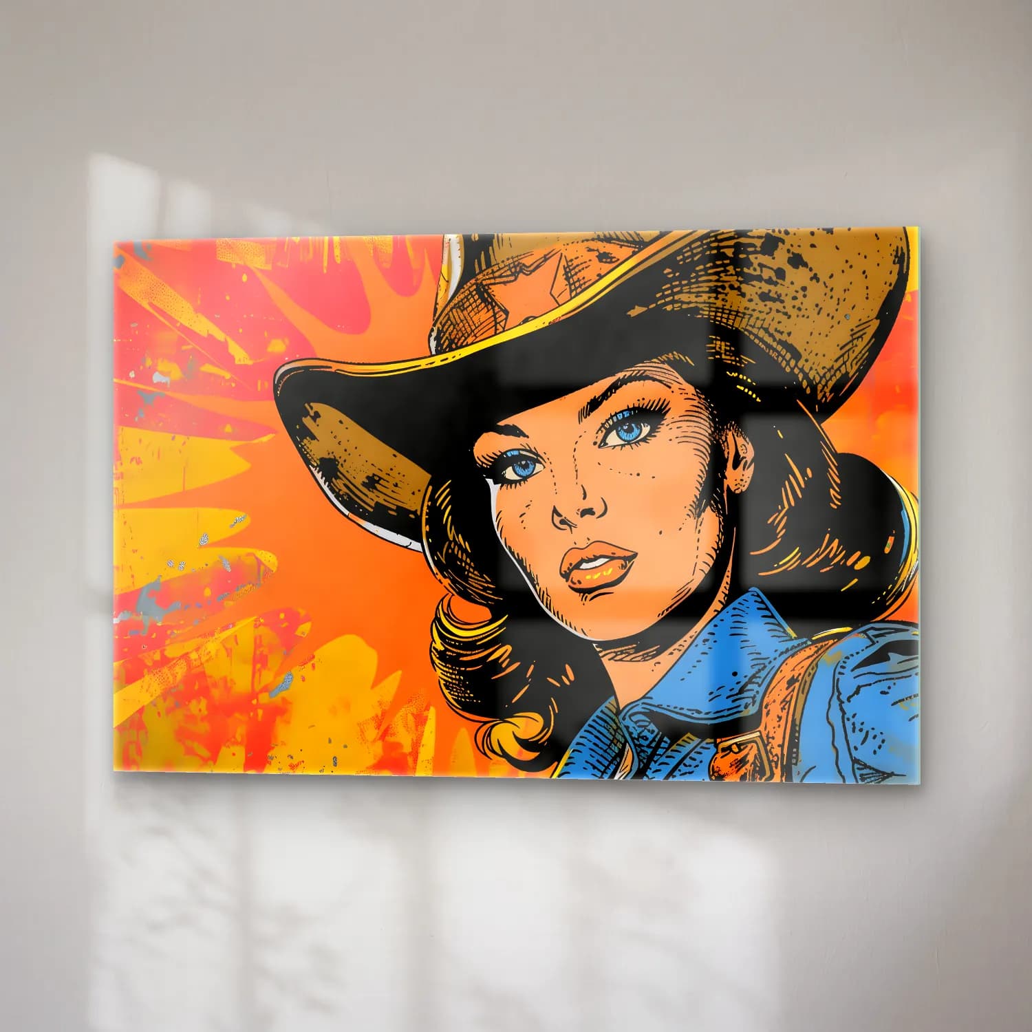 Pop Art Şapkalı Kadın – Turuncu Tonlar cam tablo — sağ açıdan görünüm