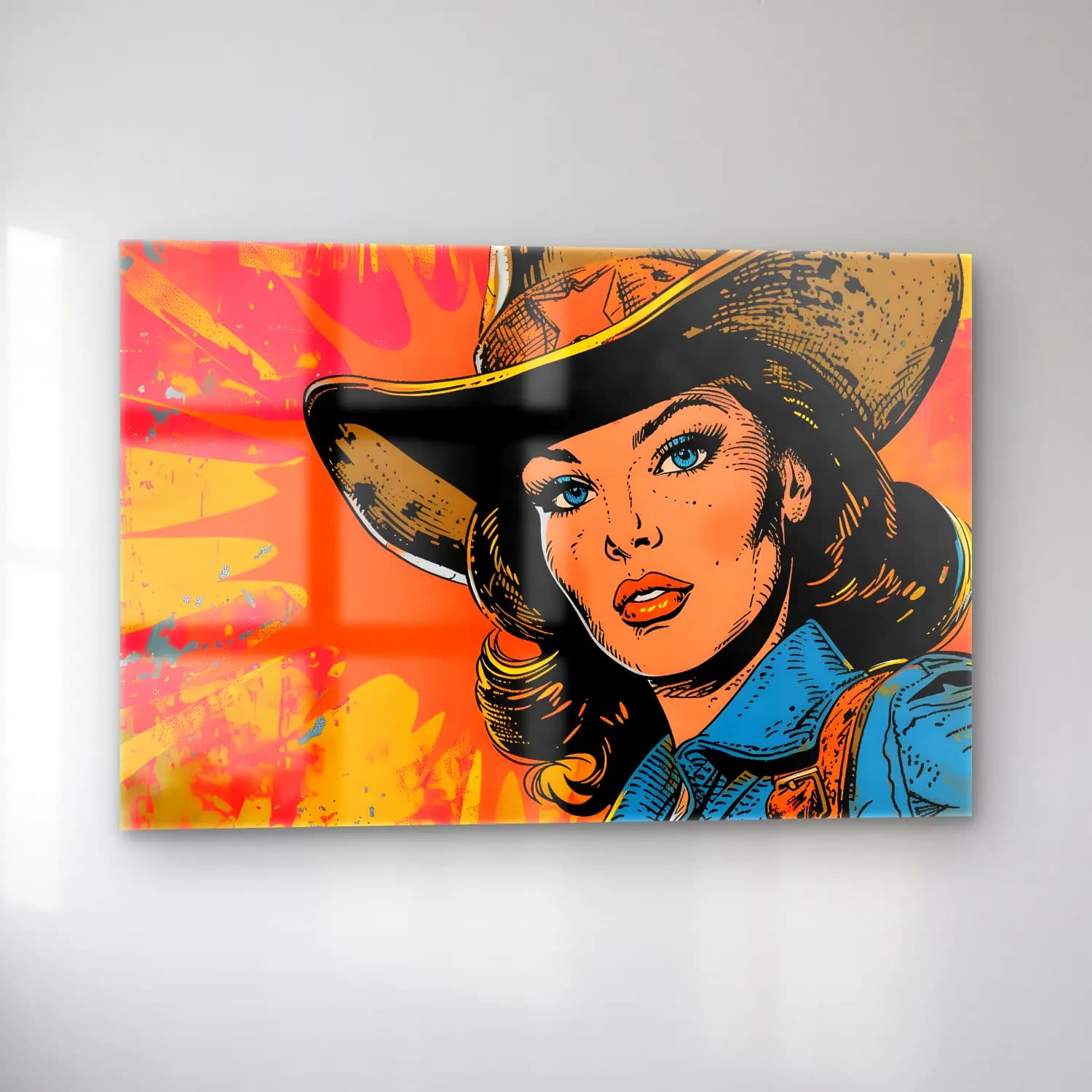 Pop Art Şapkalı Kadın – Turuncu Tonlar cam tablo — sol açıdan görünüm