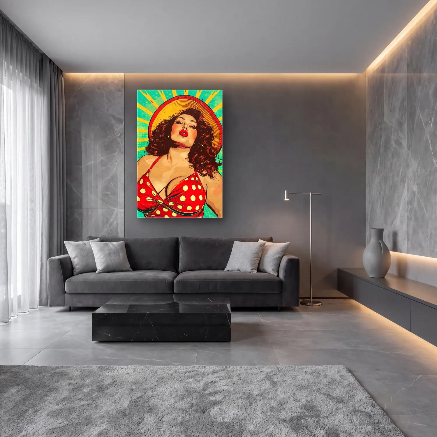 Pop Art Şapkalı Kadın – Kırmızı Tonlar cam tablo — lüks salon duvarında