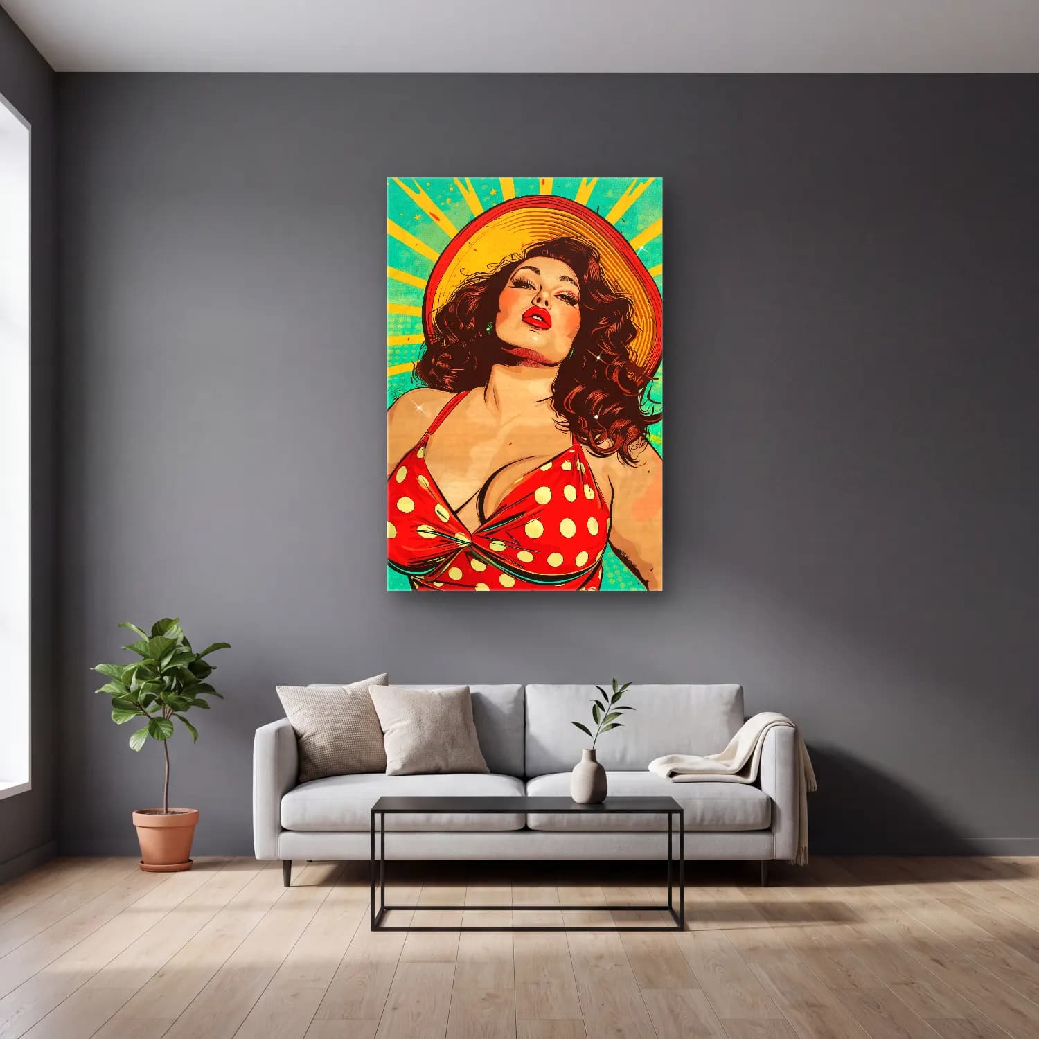 Pop Art Şapkalı Kadın – Kırmızı Tonlar cam tablo — gri duvarlı salonda