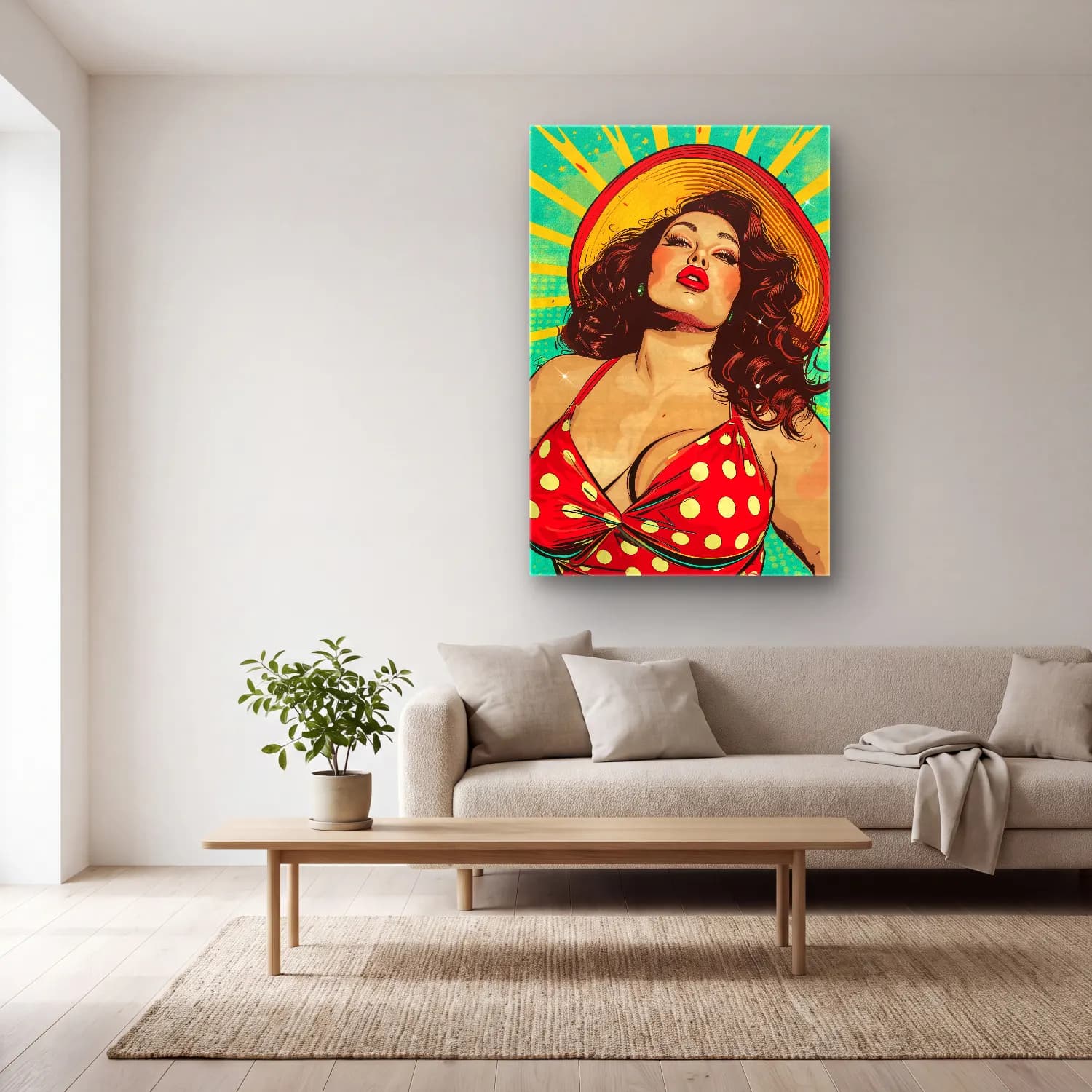 Pop Art Şapkalı Kadın – Kırmızı Tonlar cam tablo — açık renk salonda