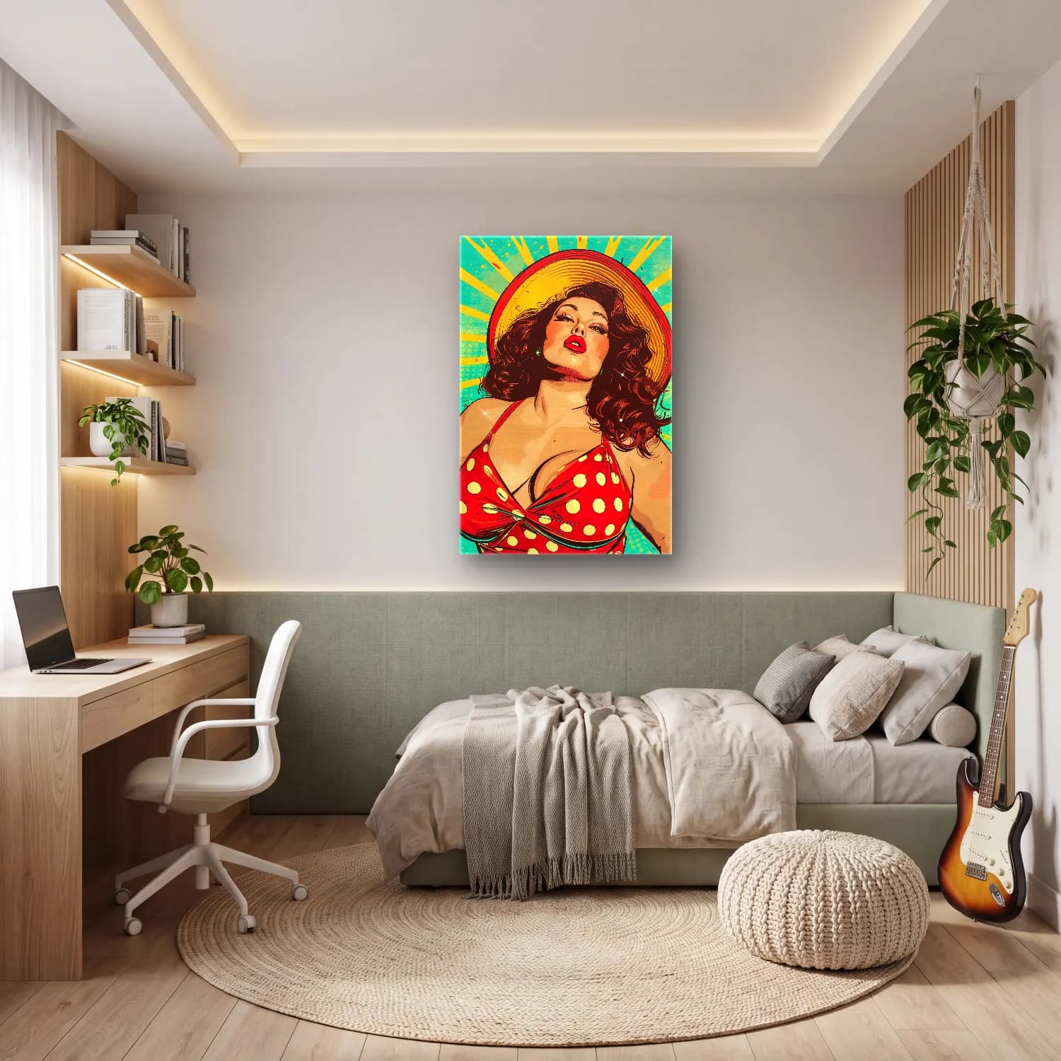 Pop Art Şapkalı Kadın – Kırmızı Tonlar cam tablo — genç odasında
