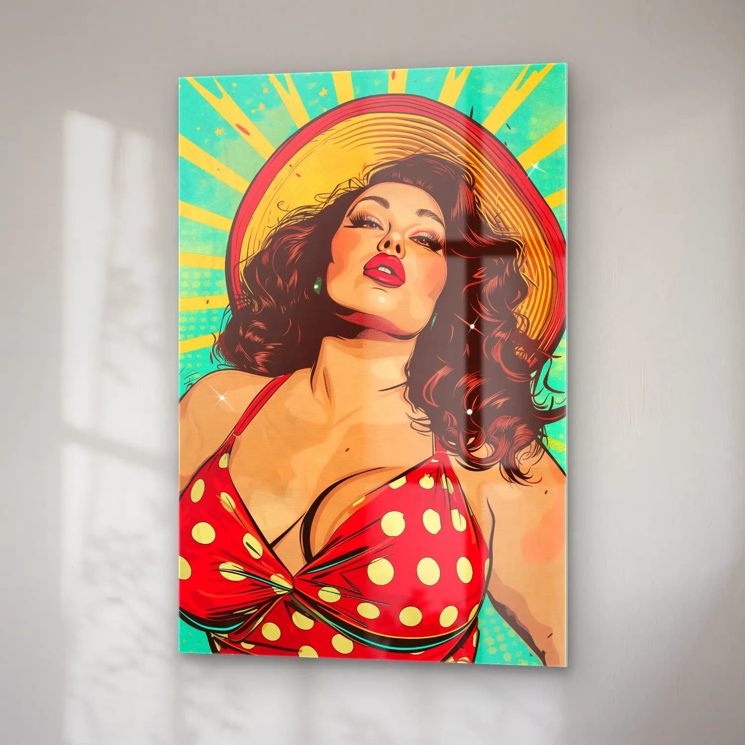 Pop Art Şapkalı Kadın – Kırmızı Tonlar cam tablo — sağ açıdan görünüm