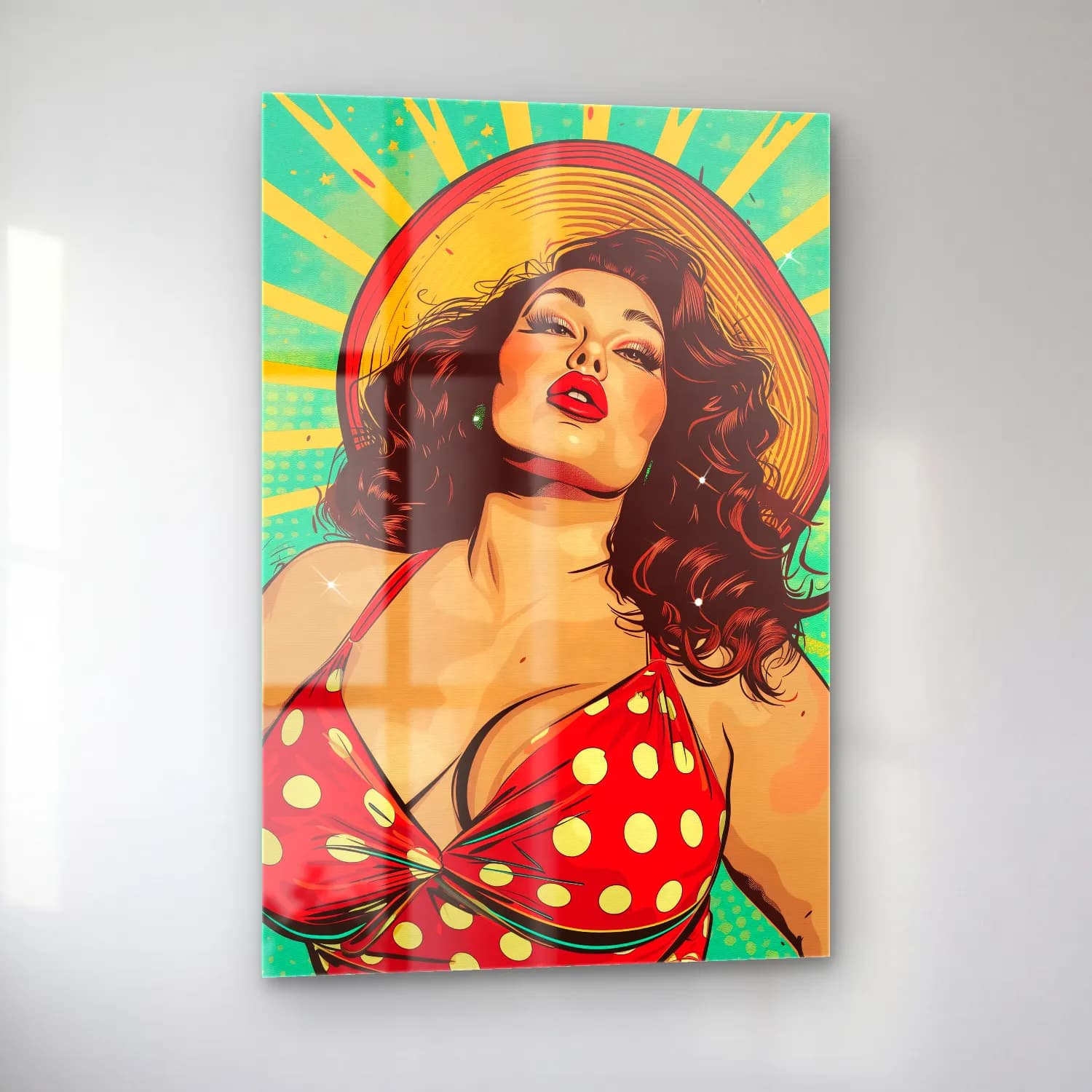 Pop Art Şapkalı Kadın – Kırmızı Tonlar cam tablo — sol açıdan görünüm