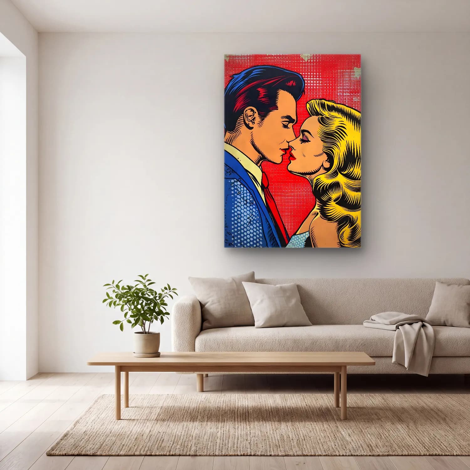 Pop Art Aşıklar cam tablo — açık renk salonda