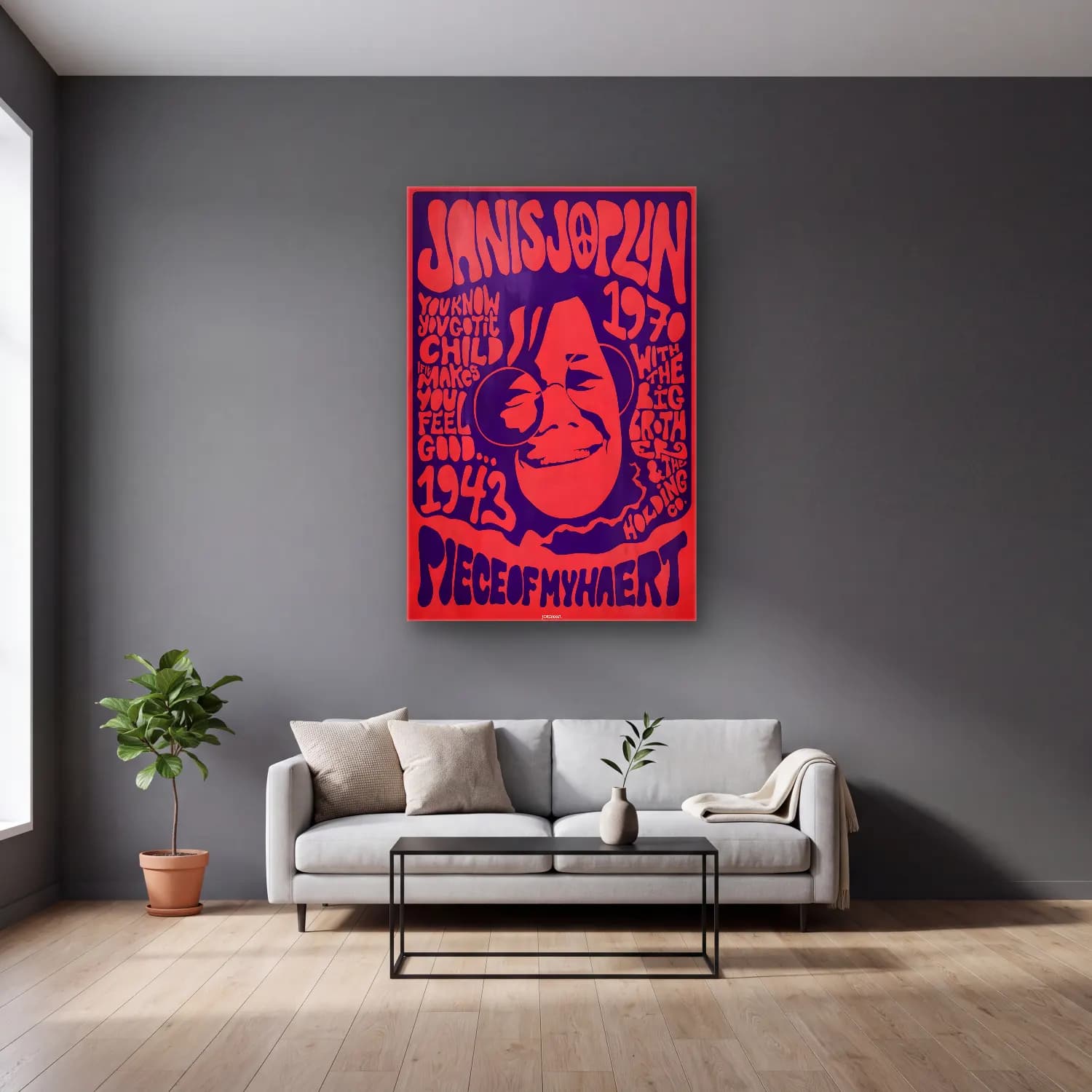 Vintage Poster Yazılı Tasarım No. 35 cam tablo — gri duvarlı salonda