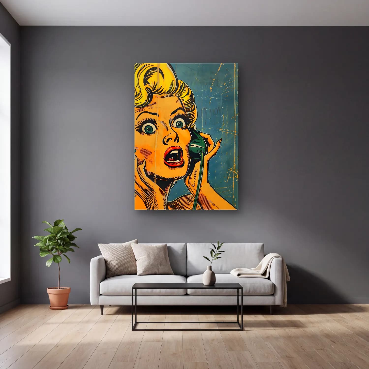 Vintage Poster Kadın Portresi No. 31 cam tablo — gri duvarlı salonda