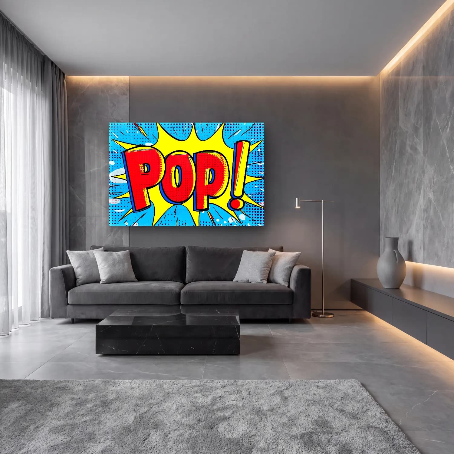 Pop Art Yazılı Tasarım No. 4 cam tablo — lüks salon duvarında