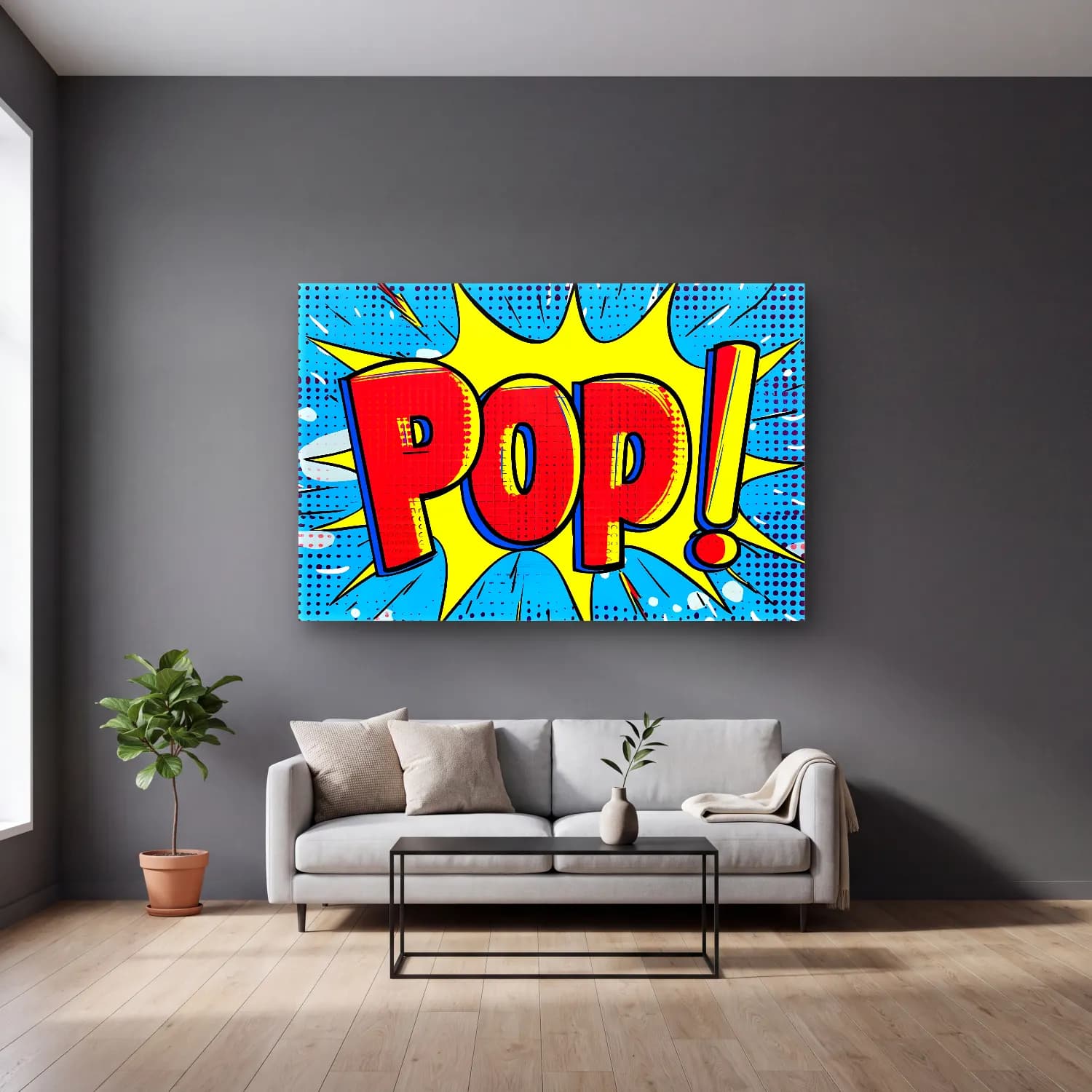 Pop Art Yazılı Tasarım No. 4 cam tablo — gri duvarlı salonda