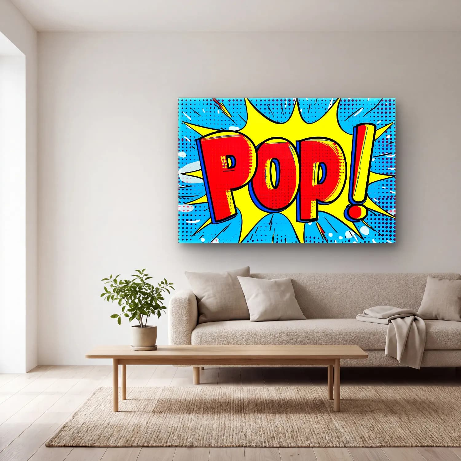 Pop Art Yazılı Tasarım No. 4 cam tablo — açık renk salonda