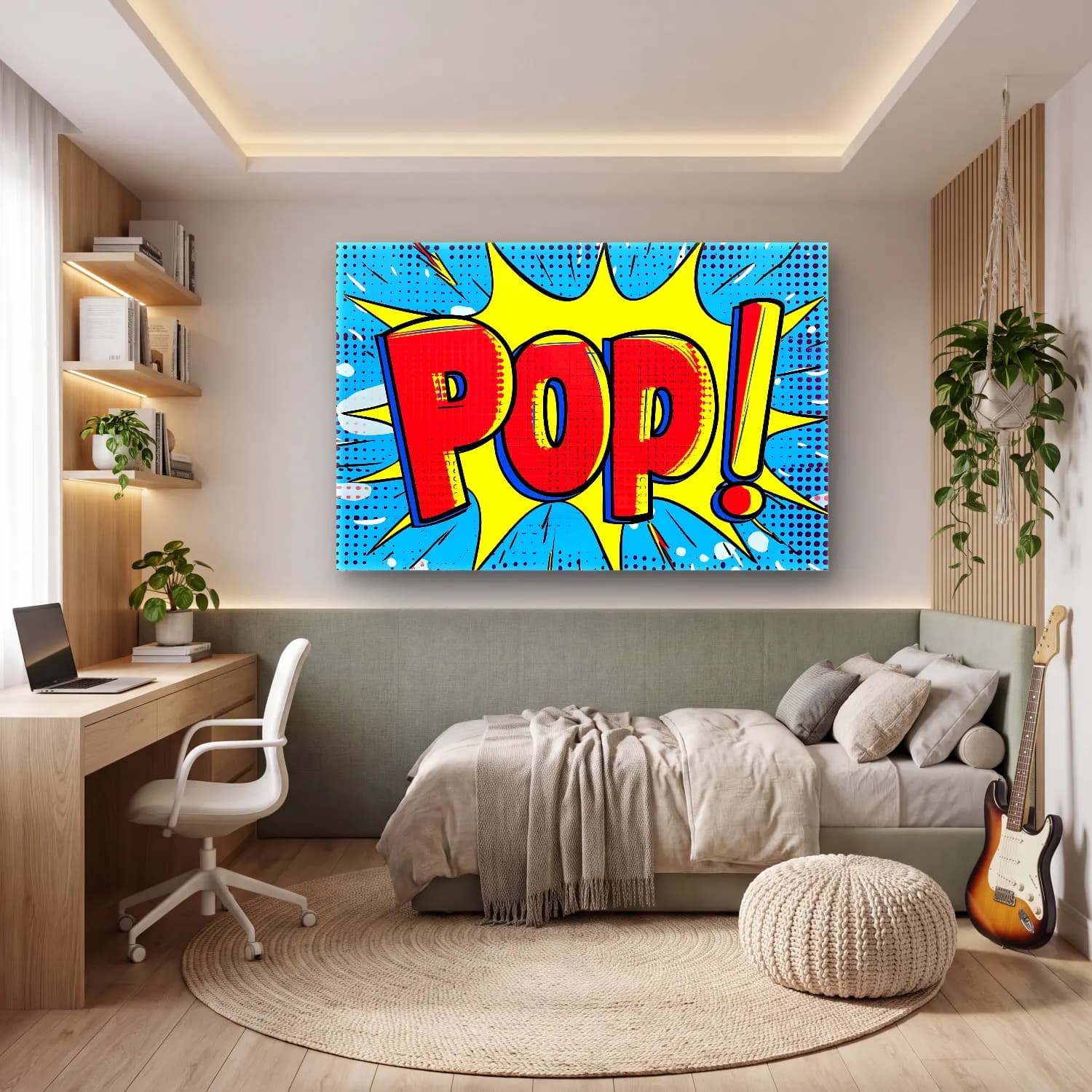 Pop Art Yazılı Tasarım No. 4 cam tablo — genç odasında