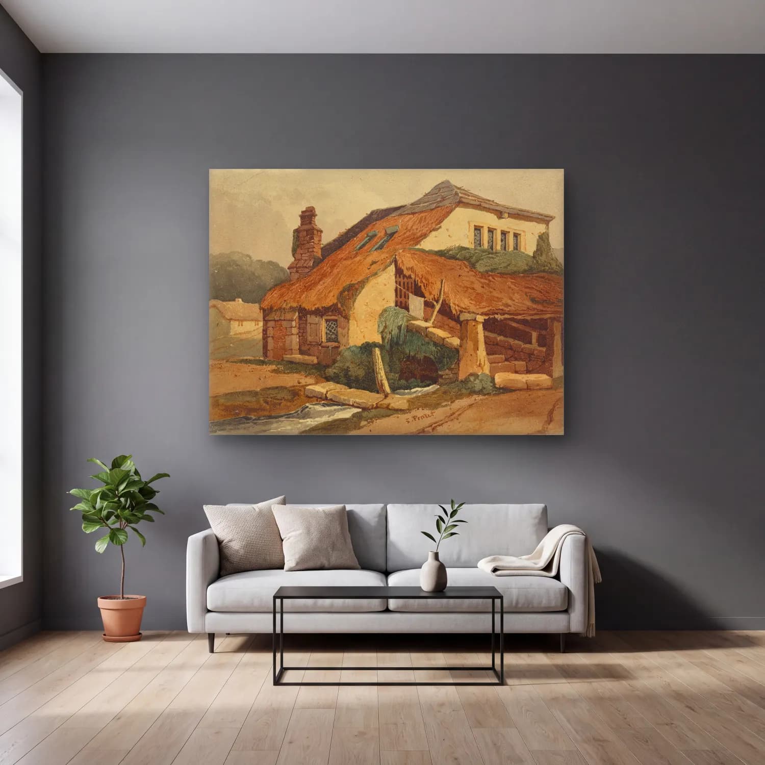 Vintage Kır Evi No. 26 cam tablo — gri duvarlı salonda