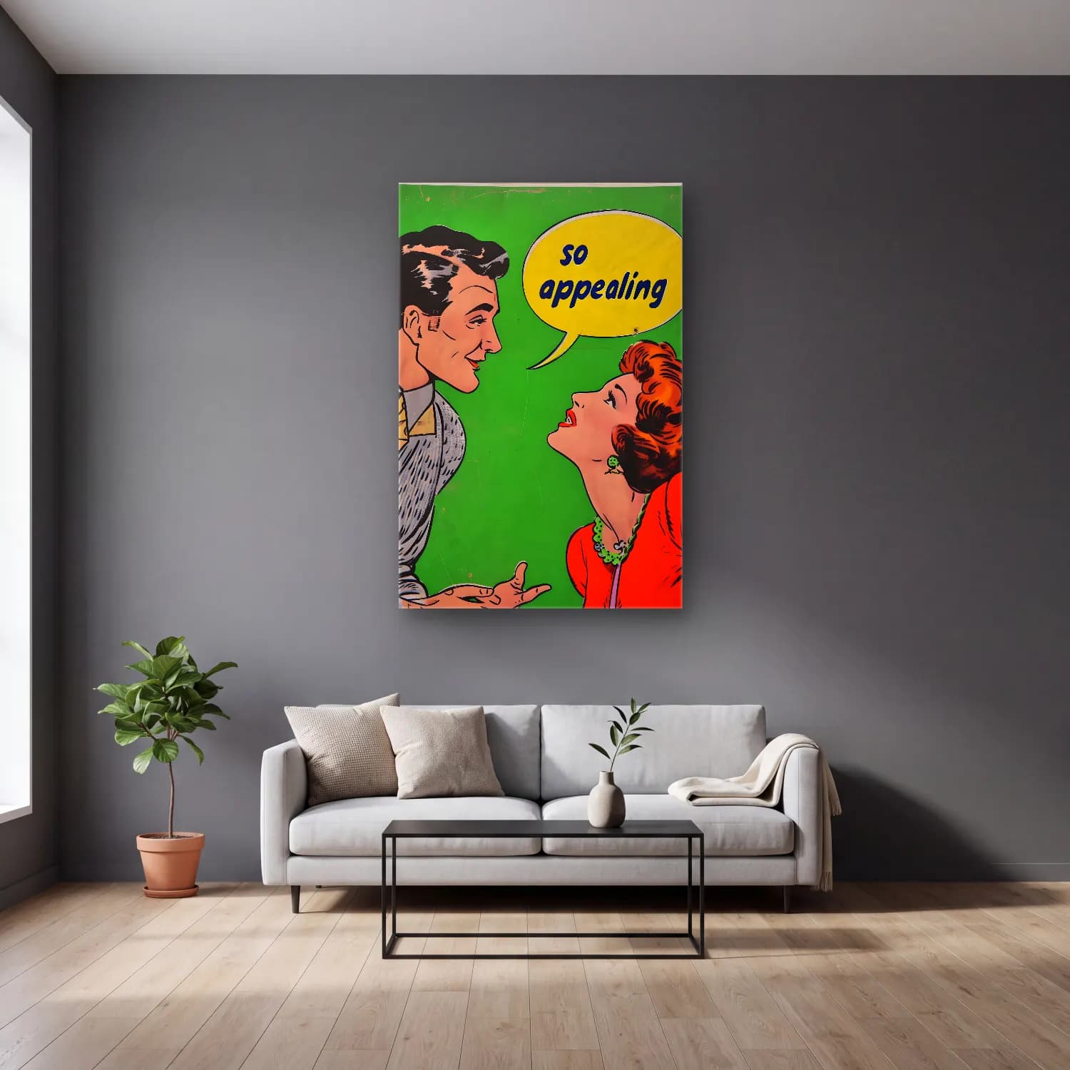 Vintage Poster Aşıklar No. 30 cam tablo — gri duvarlı salonda