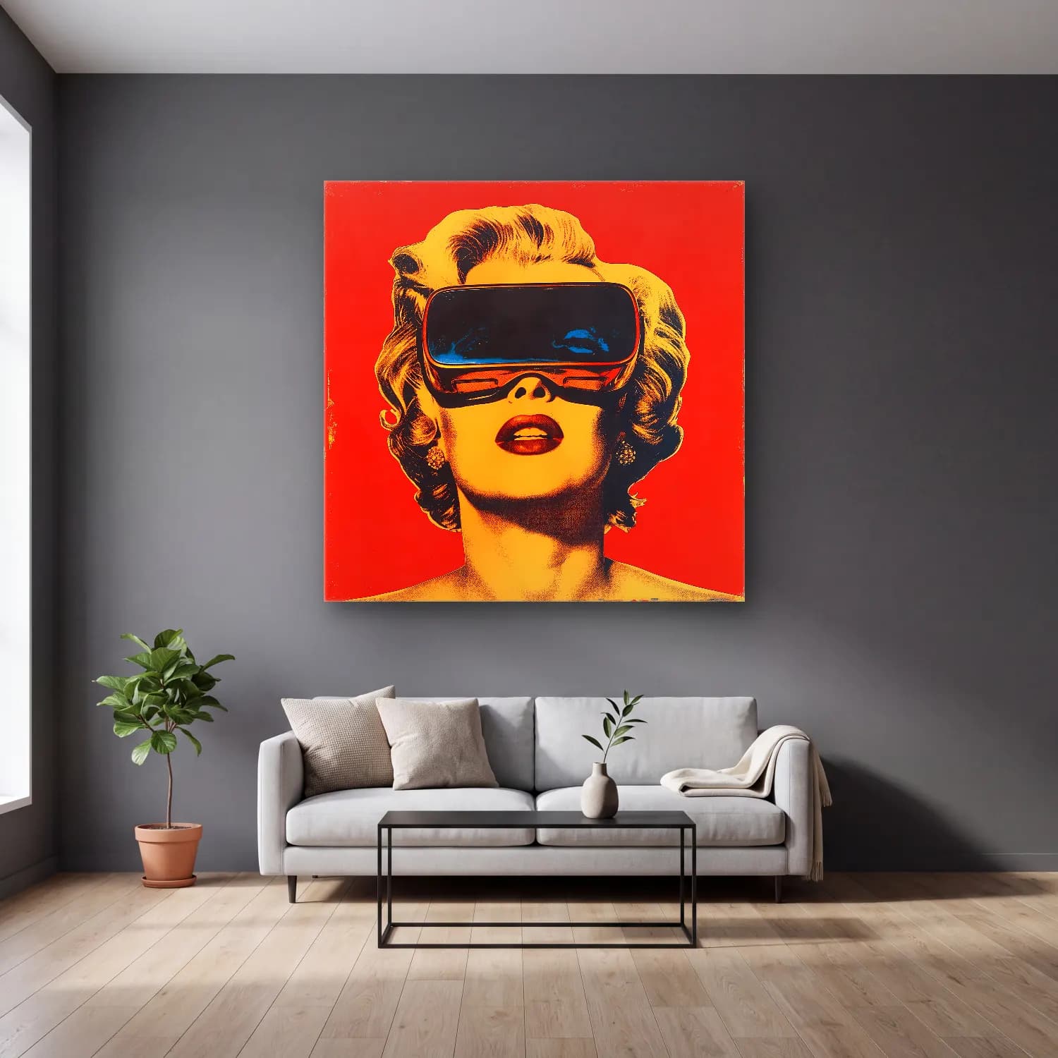Pop Art Moda İllüstrasyonu No. 26 cam tablo — gri duvarlı salonda