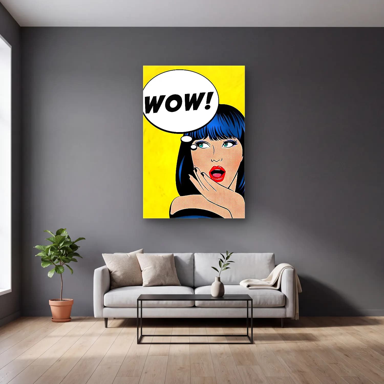 Pop Art Moda İllüstrasyonu No. 28 cam tablo — gri duvarlı salonda
