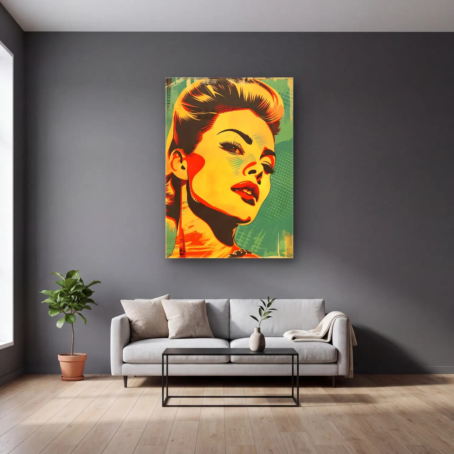 Pop Art Moda İllüstrasyonu No. 30 cam tablo — gri duvarlı salonda