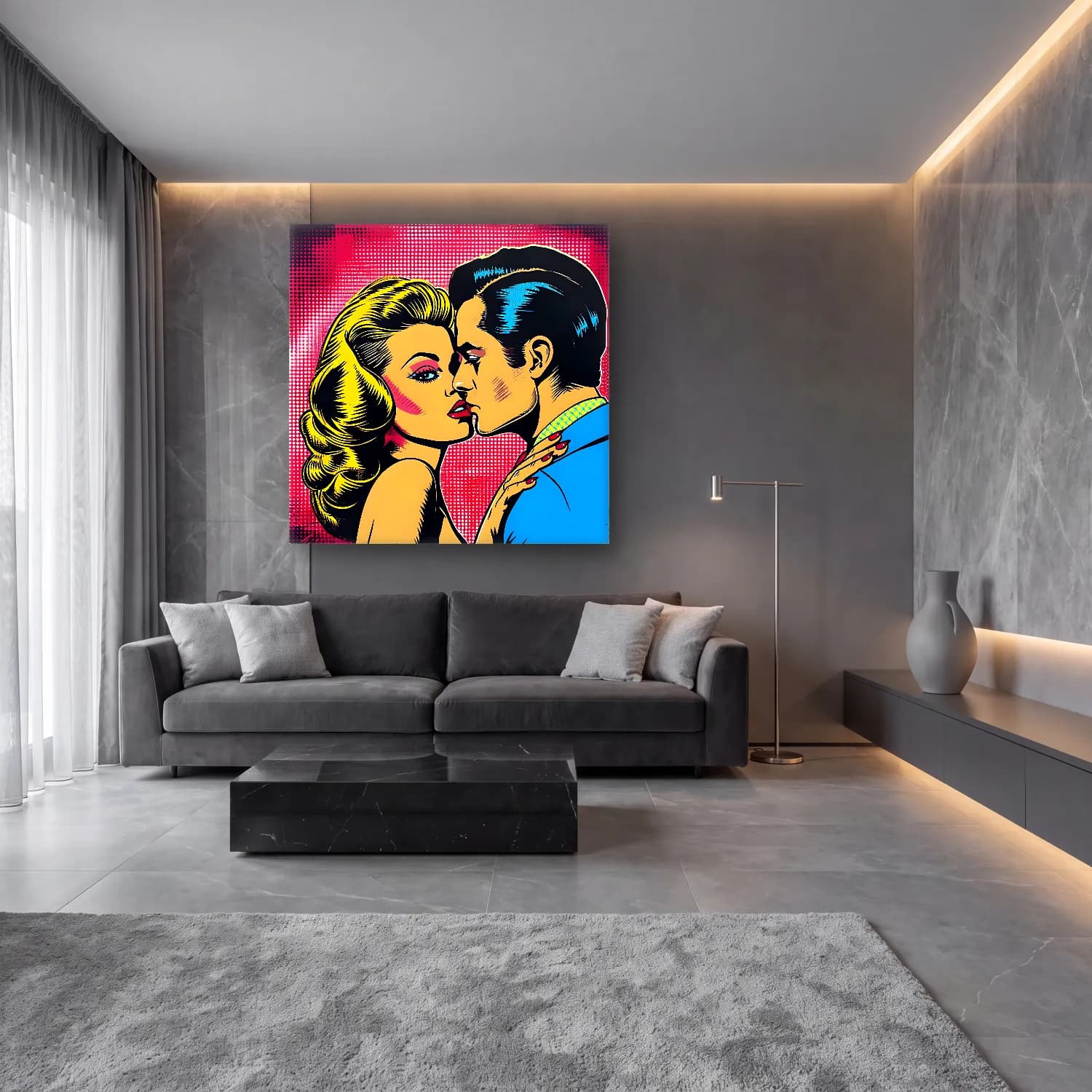 Pop Art Aşıklar – Kırmızı Tonlar cam tablo — lüks salon duvarında