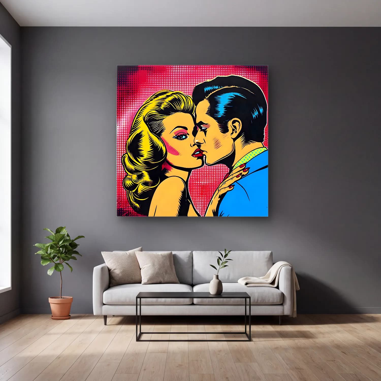 Pop Art Aşıklar – Kırmızı Tonlar cam tablo — gri duvarlı salonda
