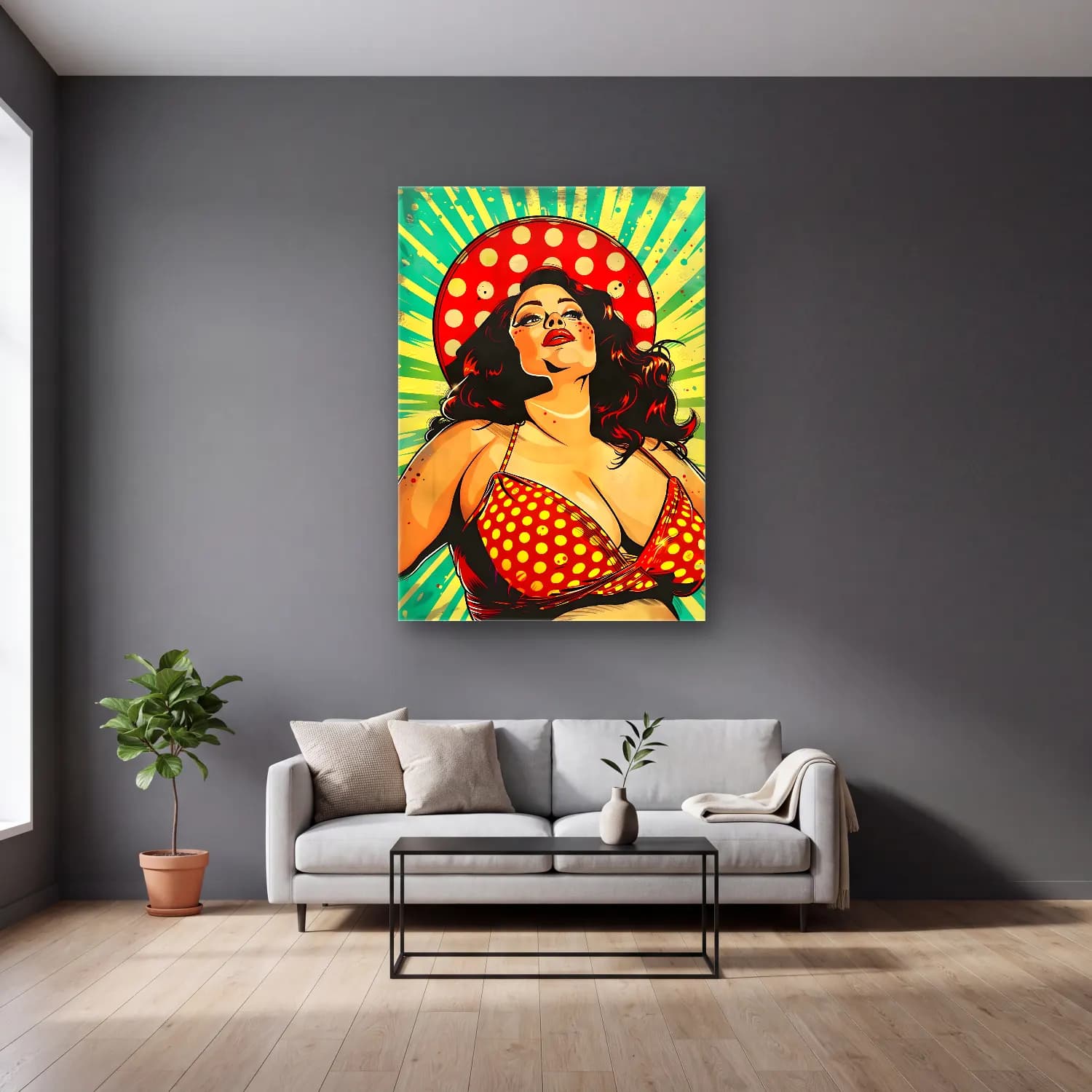 Pop Art Şapkalı Kadın No. 13 cam tablo — gri duvarlı salonda