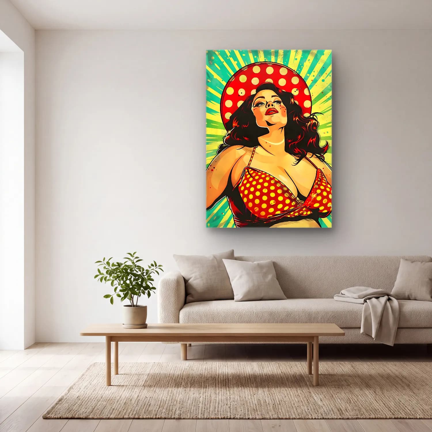 Pop Art Şapkalı Kadın No. 13 cam tablo — açık renk salonda