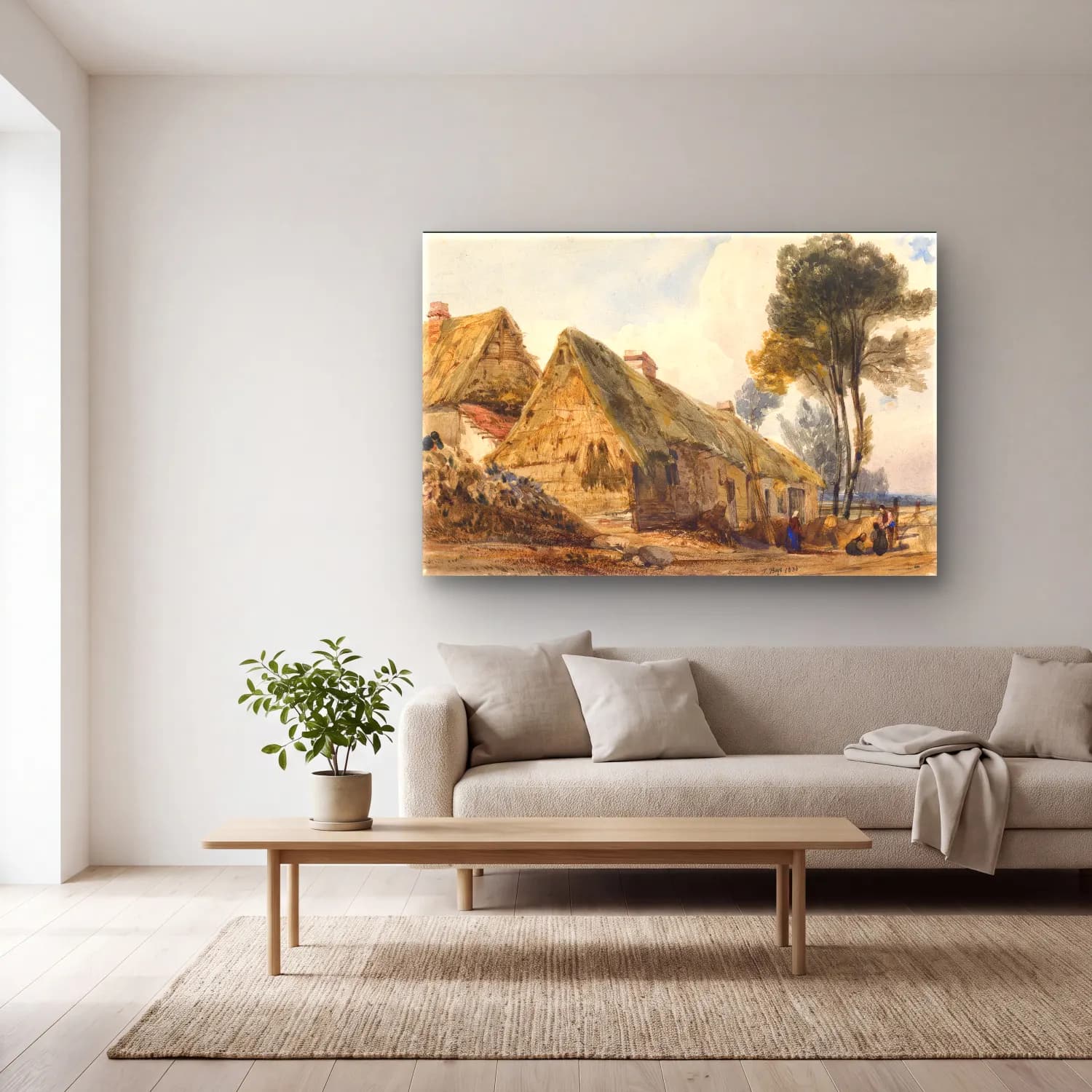 Suluboya Kır Evi No. 24 cam tablo — açık renk salonda