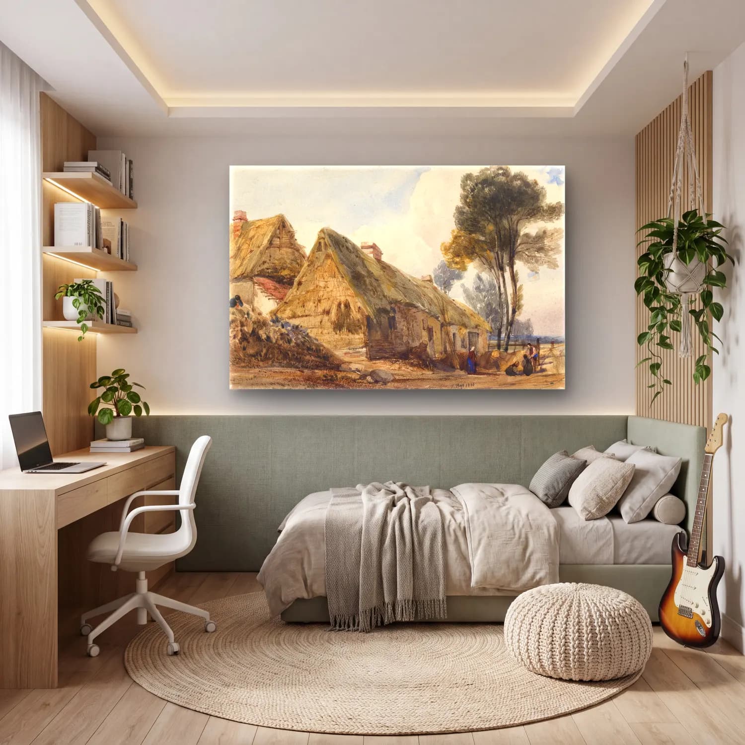 Suluboya Kır Evi No. 24 cam tablo — genç odasında