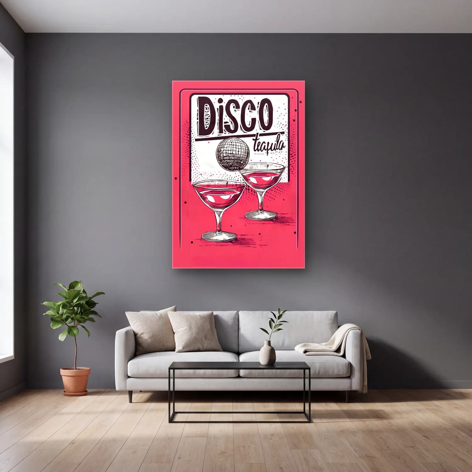Vintage Poster Kokteyl No. 32 cam tablo — gri duvarlı salonda