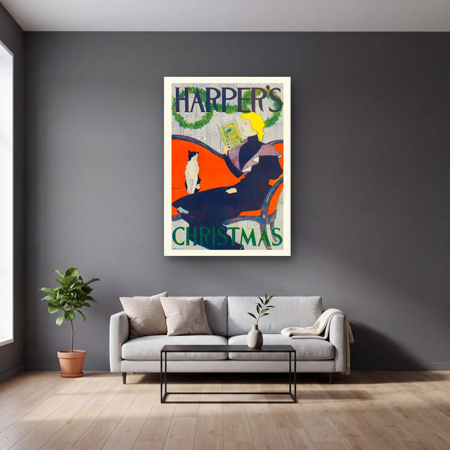 Vintage Poster Kitap Okuyan Kadın No. 17 cam tablo — gri duvarlı salonda
