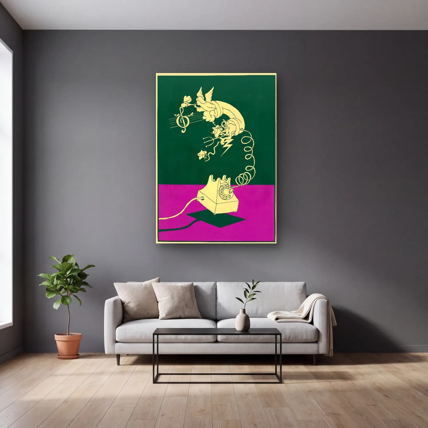 Vintage Poster Piyano No. 6 cam tablo — gri duvarlı salonda
