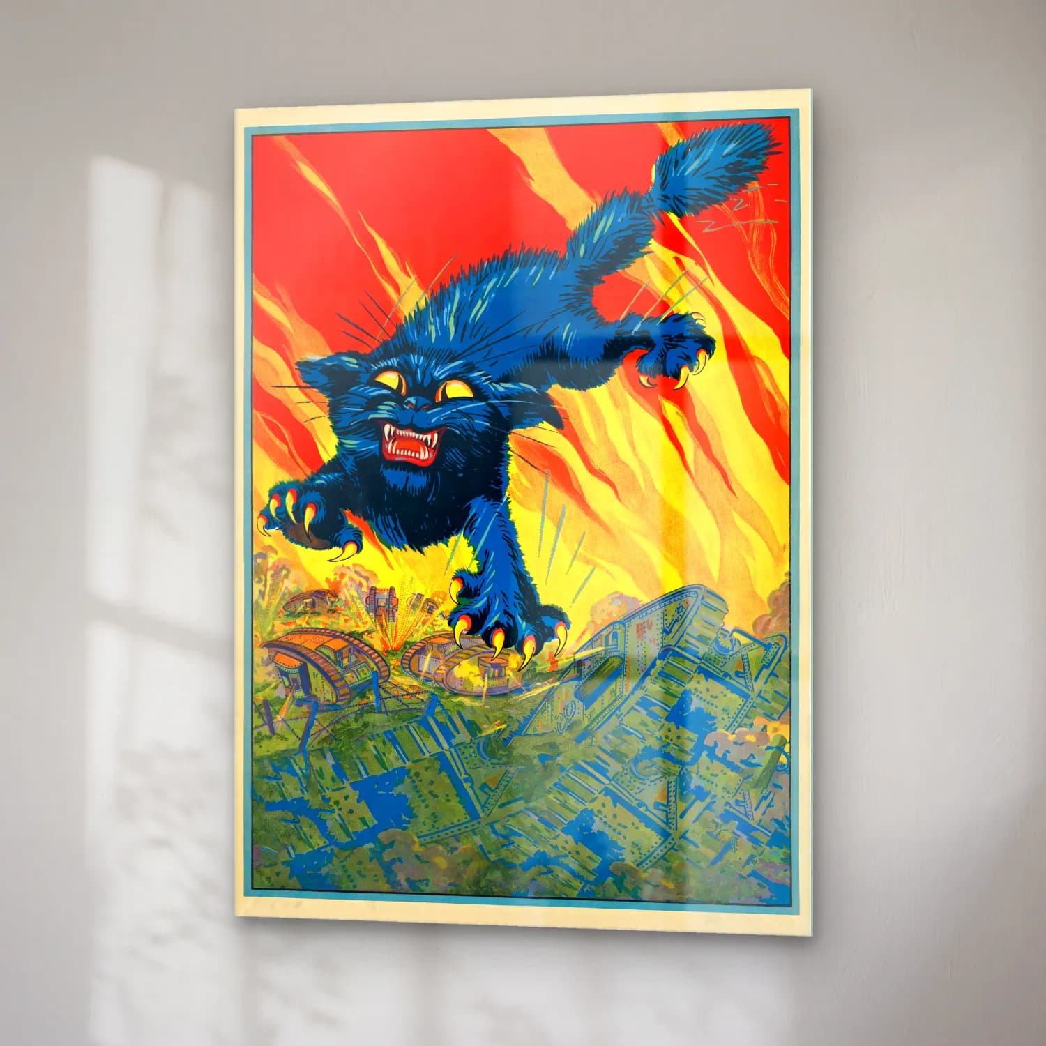 Vintage Poster Kedi – Mavi Tonlar cam tablo — sağ açıdan görünüm