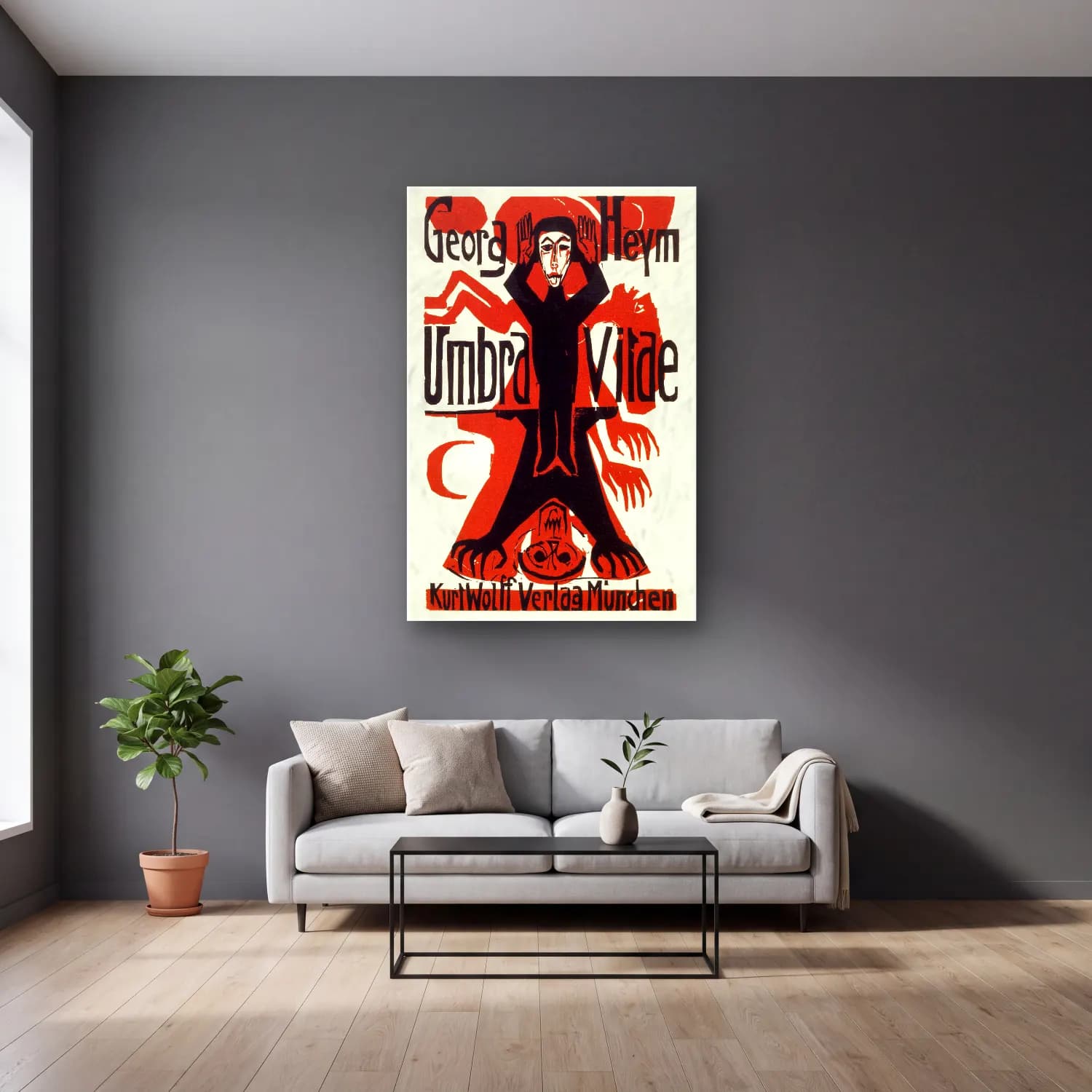 Vintage Poster Yazılı Tasarım No. 59 cam tablo — gri duvarlı salonda