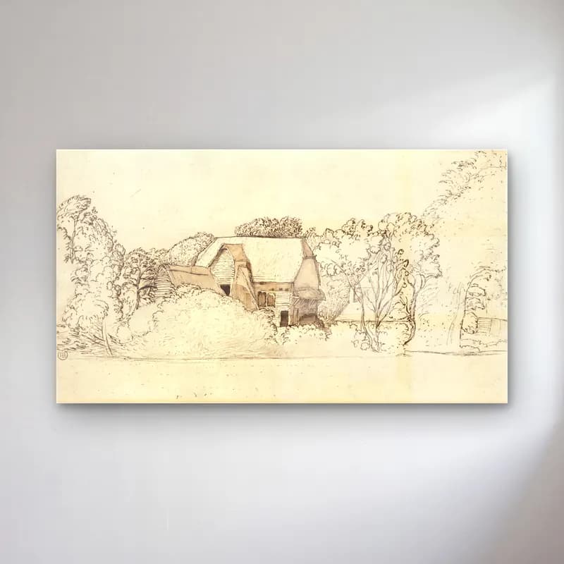 Karakalem Kır Evi – Bej Tonlar cam tablo — Karakalem Kır Evi – Bej Tonlar — karakalem kır evi