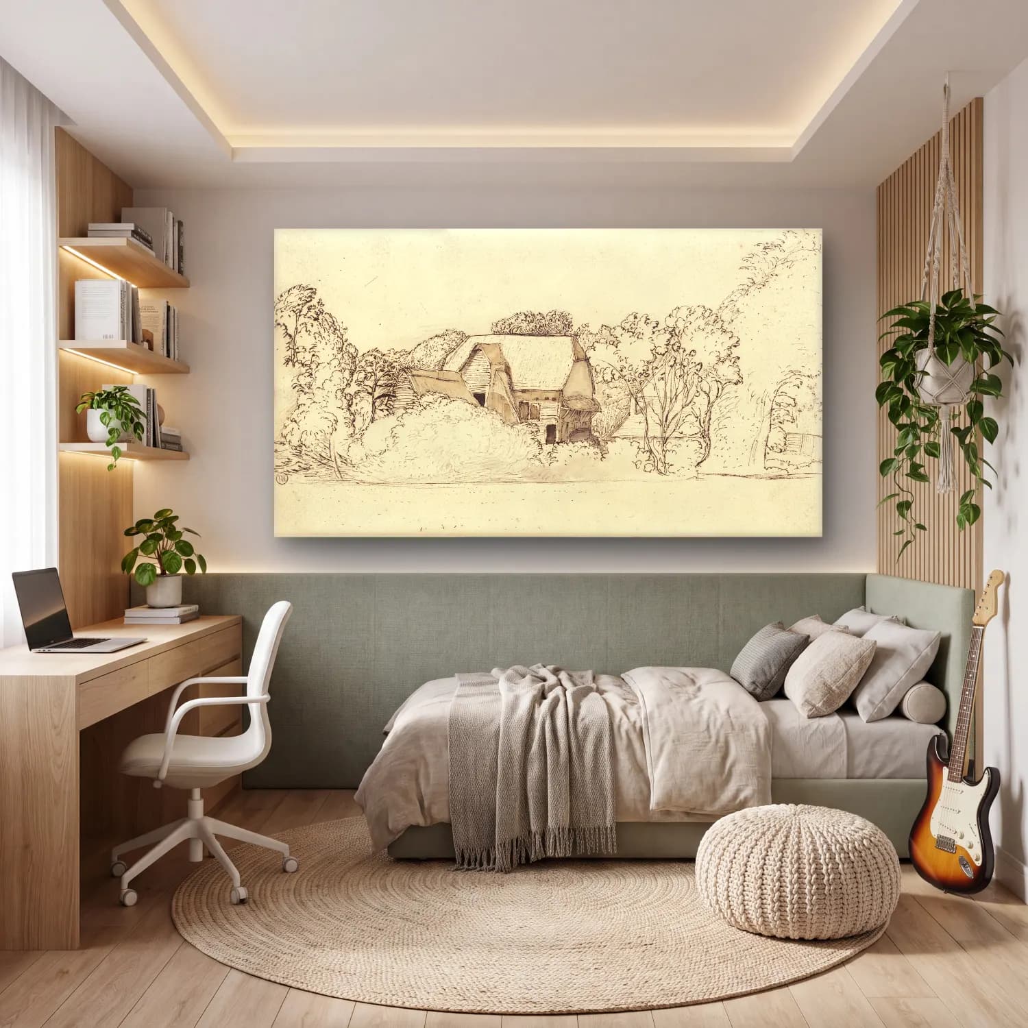 Karakalem Kır Evi – Bej Tonlar cam tablo — genç odasında