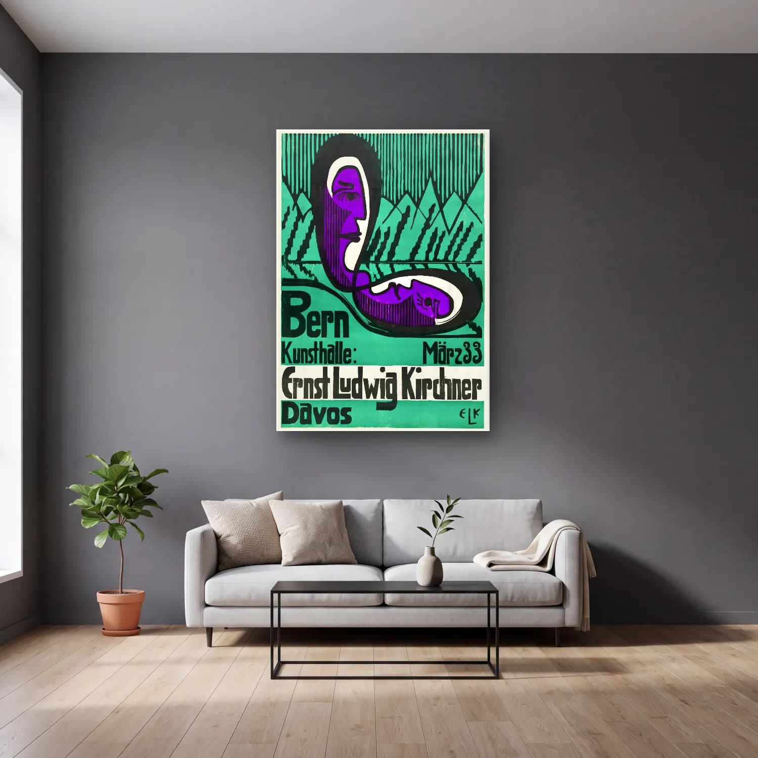 Vintage Poster Şapkalı Kadın No. 9 cam tablo — gri duvarlı salonda