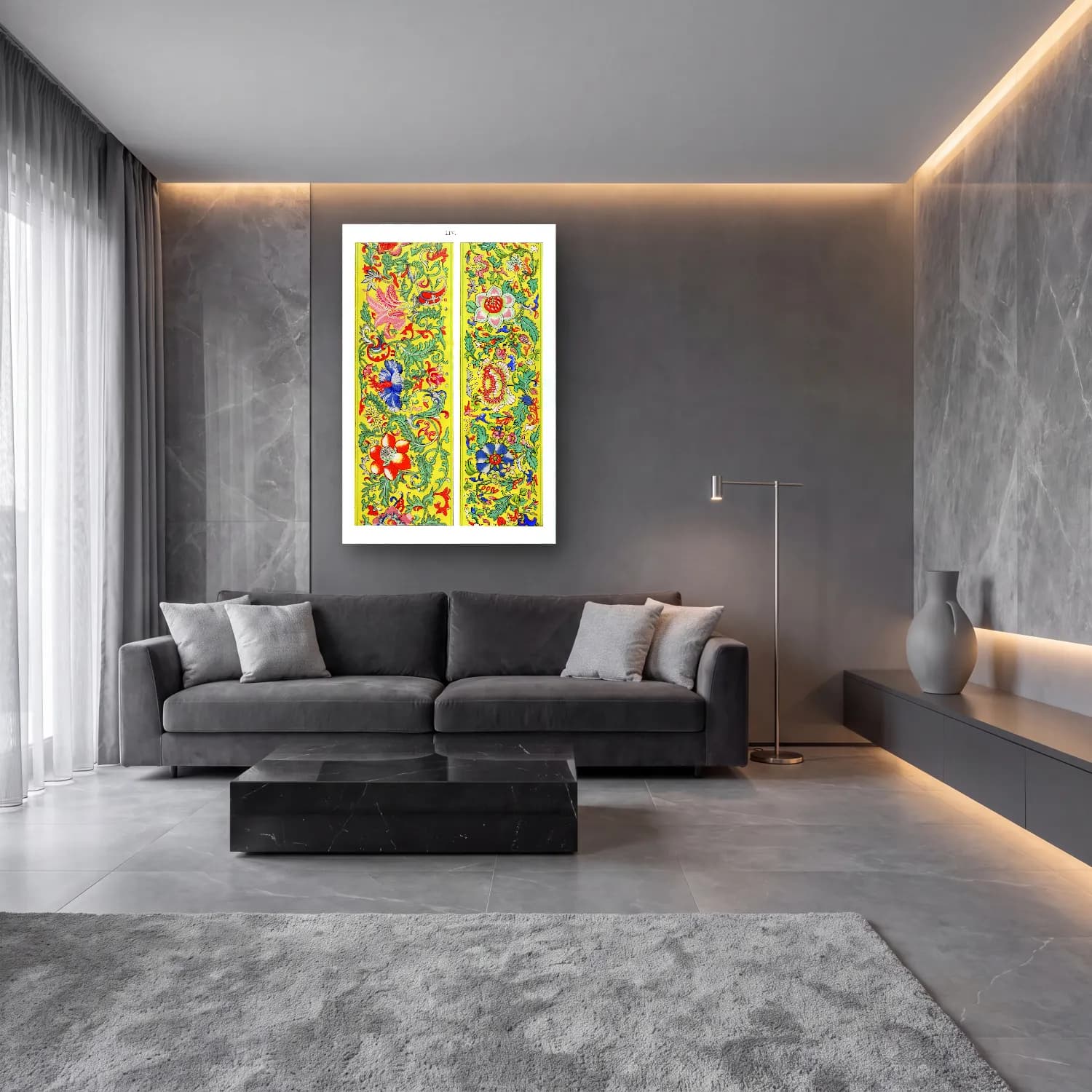 Maksimalist Çiçek Deseni No. 44 cam tablo — lüks salon duvarında