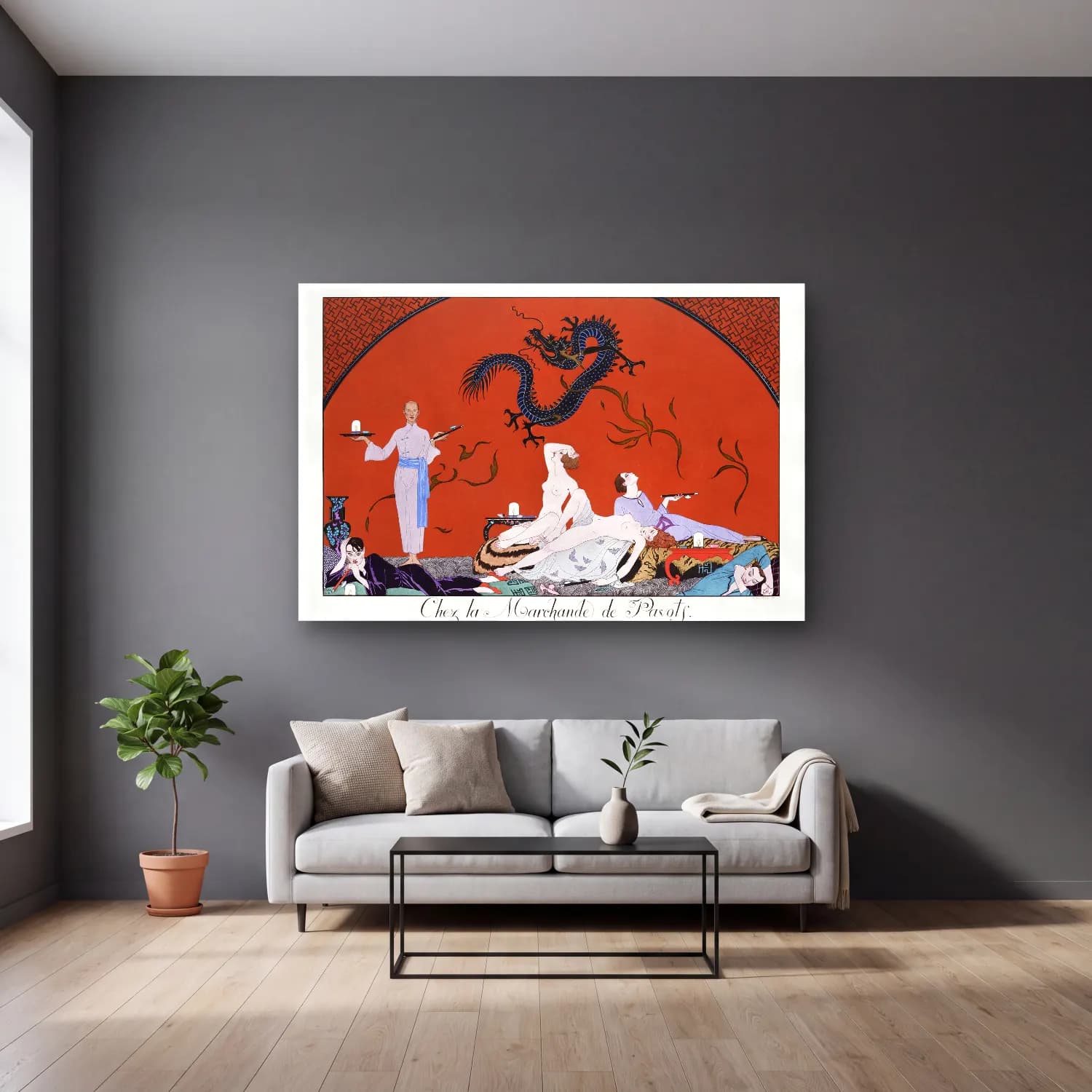 Vintage Poster Mitolojik Sahne – Kırmızı Tonlar cam tablo — gri duvarlı salonda