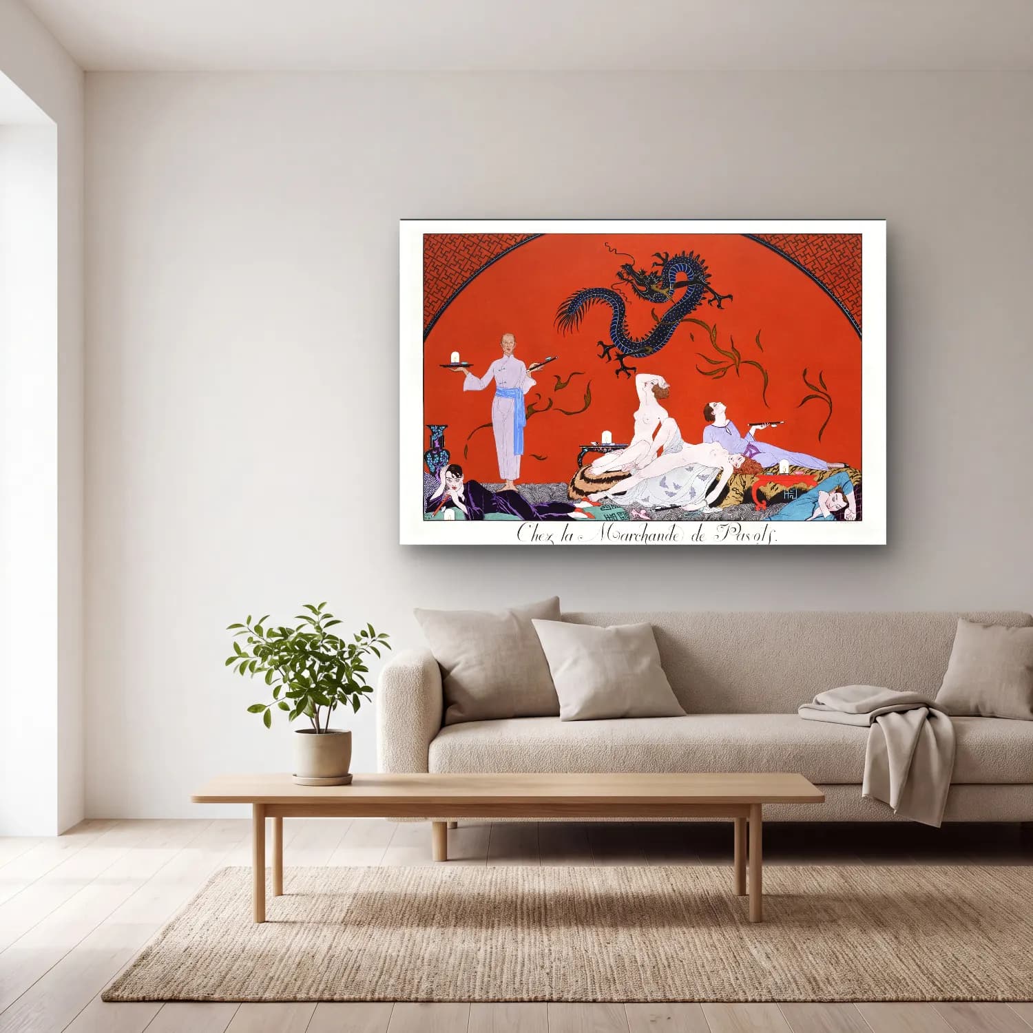 Vintage Poster Mitolojik Sahne – Kırmızı Tonlar cam tablo — açık renk salonda