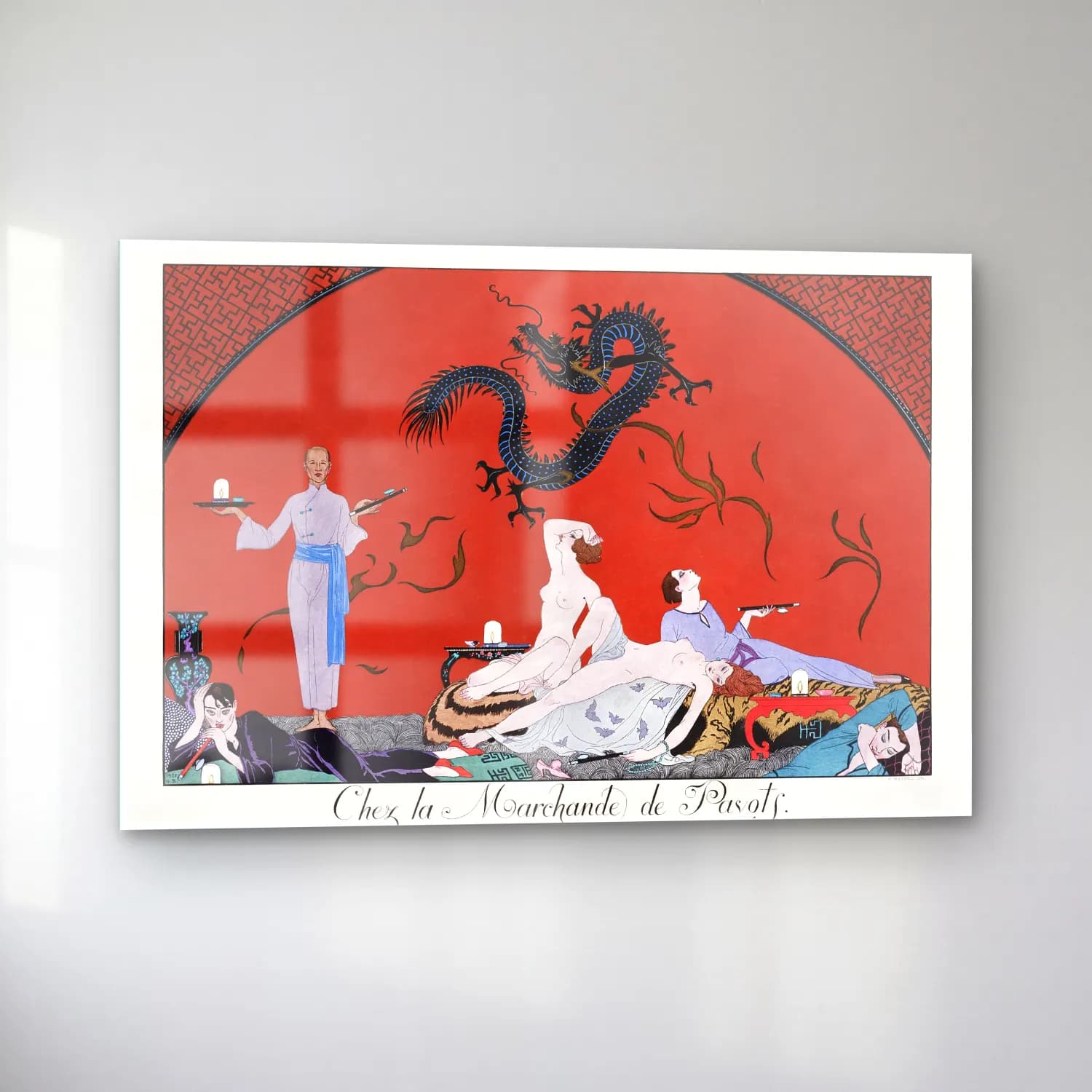 Vintage Poster Mitolojik Sahne – Kırmızı Tonlar cam tablo — sol açıdan görünüm