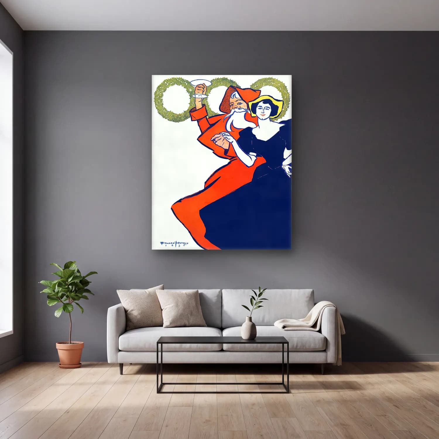 Vintage Poster Dansçılar No. 13 cam tablo — gri duvarlı salonda