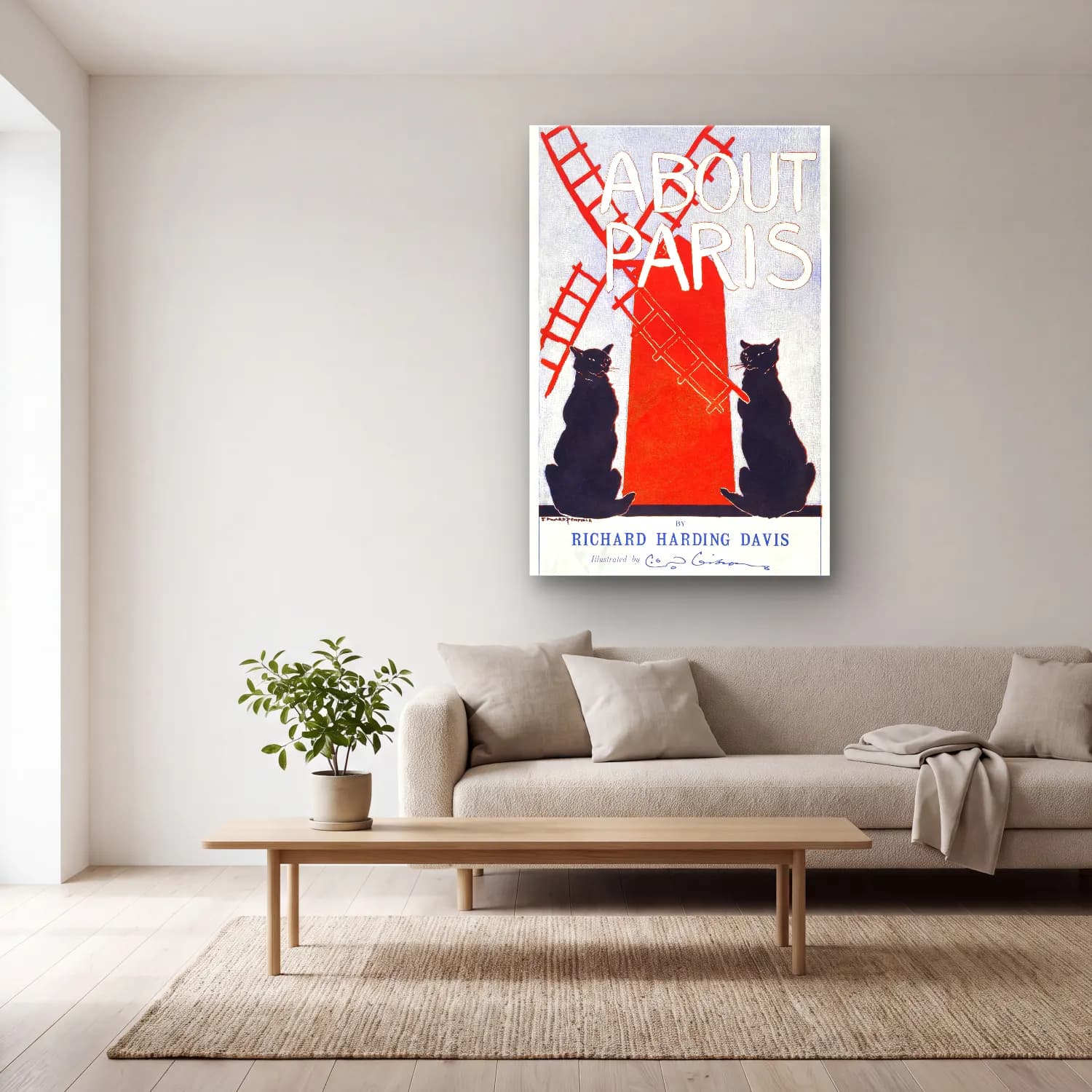 Vintage Poster Paris ve Eyfel Kulesi No. 3 cam tablo — açık renk salonda
