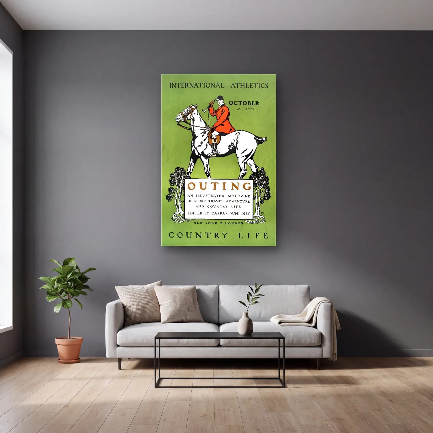 Vintage Poster Atlı No. 5 cam tablo — gri duvarlı salonda