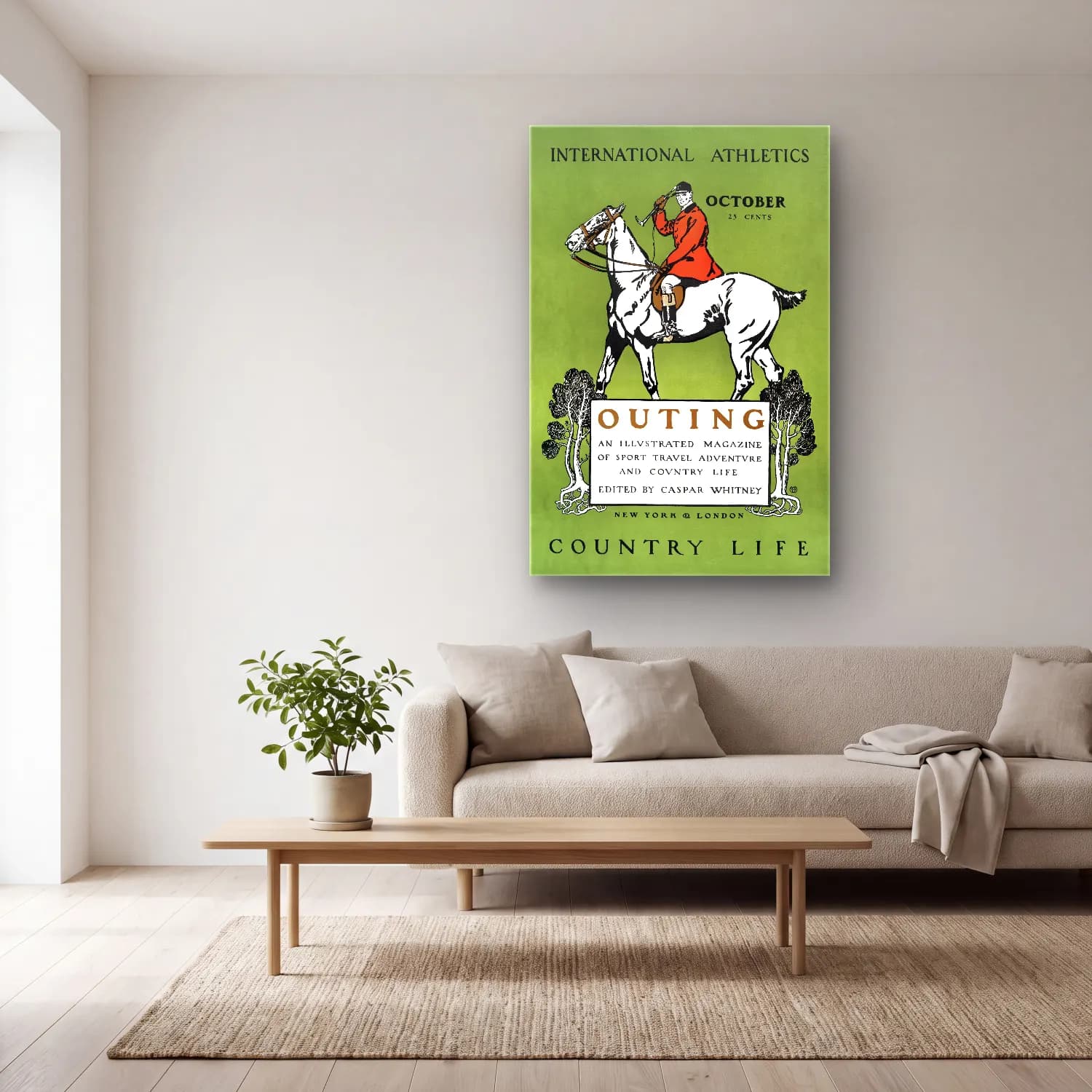 Vintage Poster Atlı No. 5 cam tablo — açık renk salonda