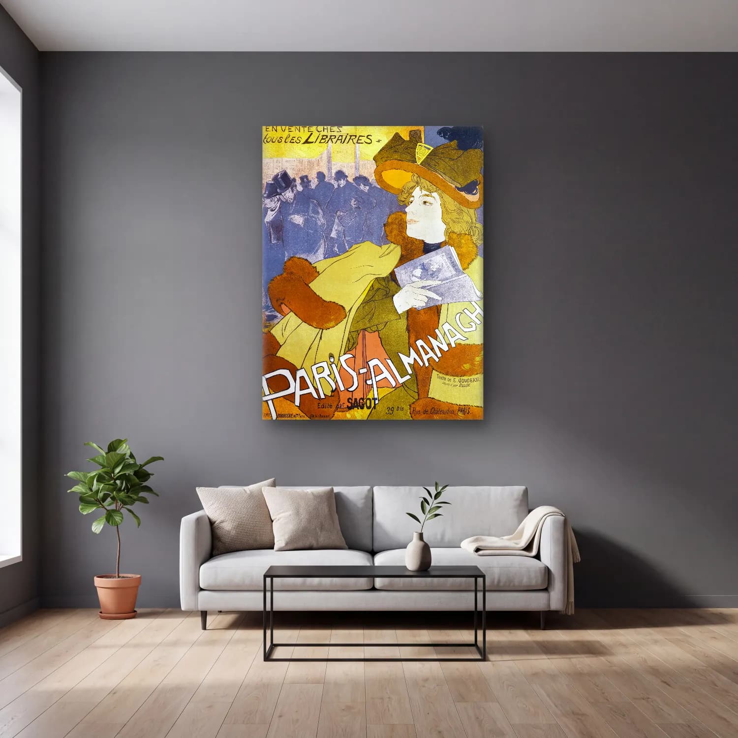 Vintage Poster Şapkalı Kadın No. 10 cam tablo — gri duvarlı salonda