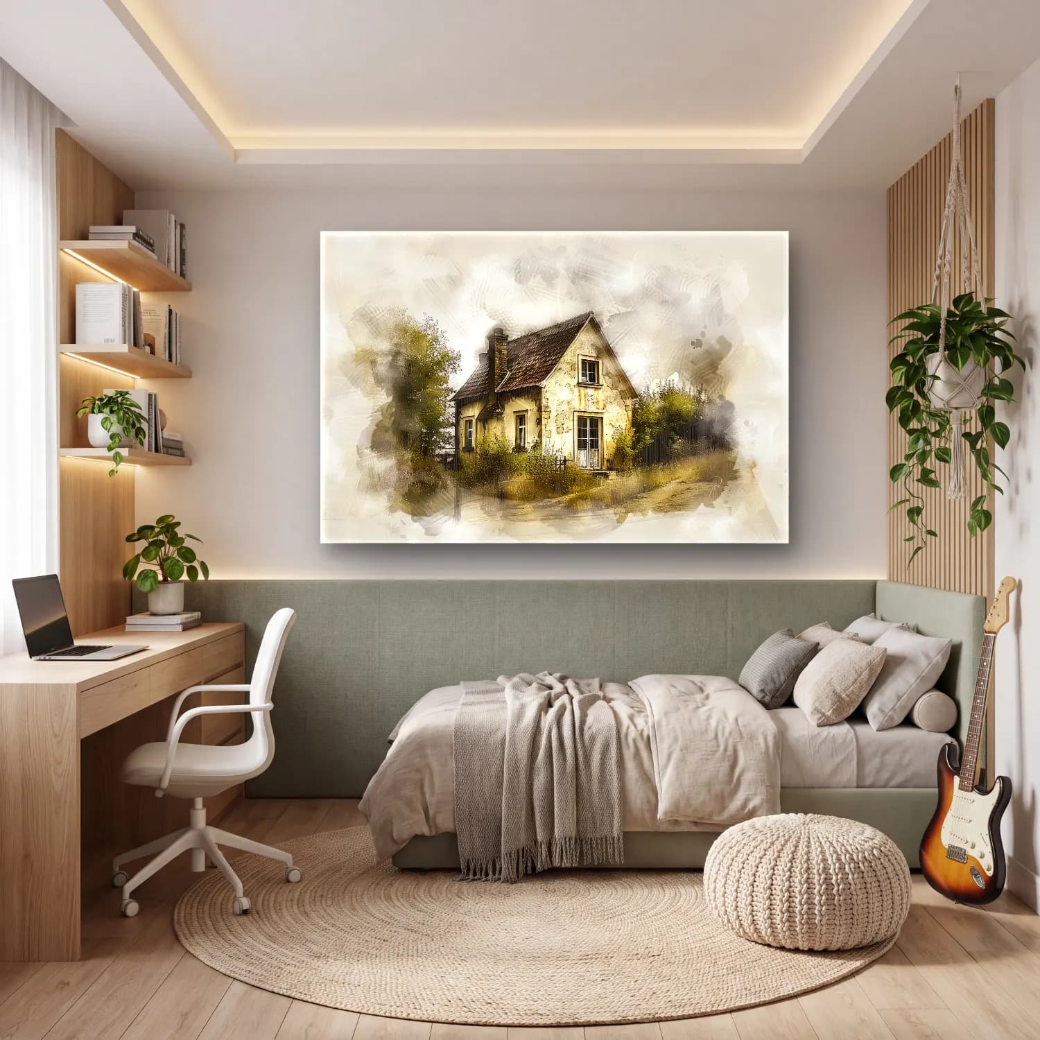 Suluboya Kır Evi No. 27 cam tablo — genç odasında