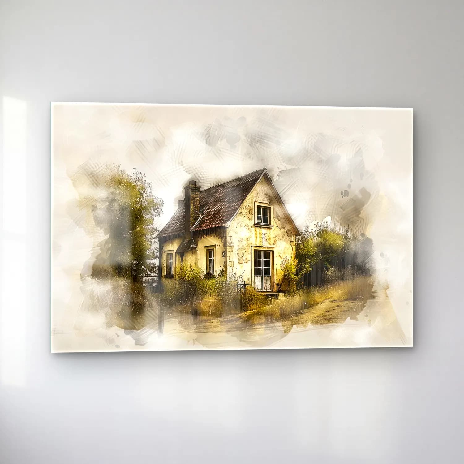 Suluboya Kır Evi No. 27 cam tablo — sol açıdan görünüm