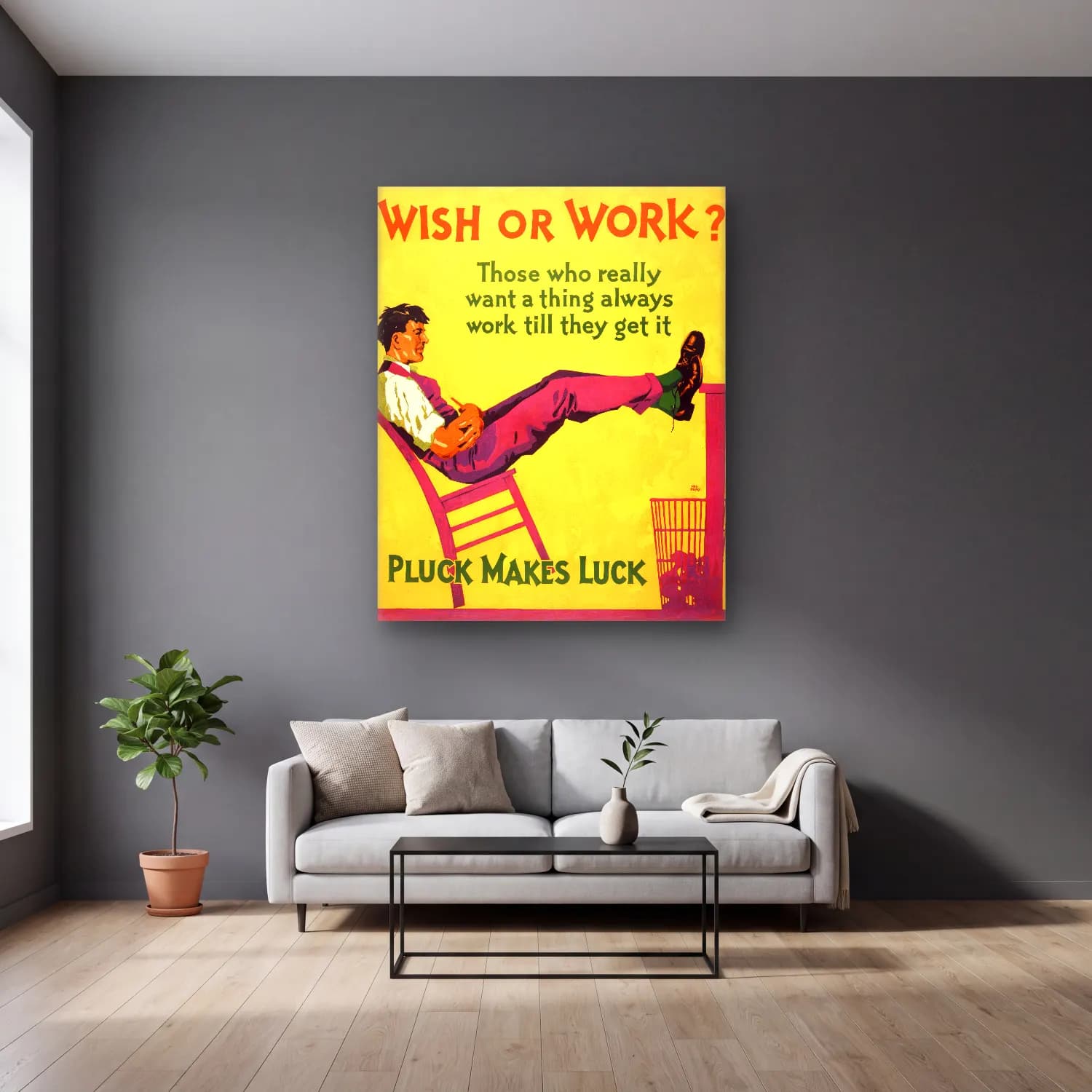 Vintage Poster Ördekler – Mor Tonlar cam tablo — gri duvarlı salonda