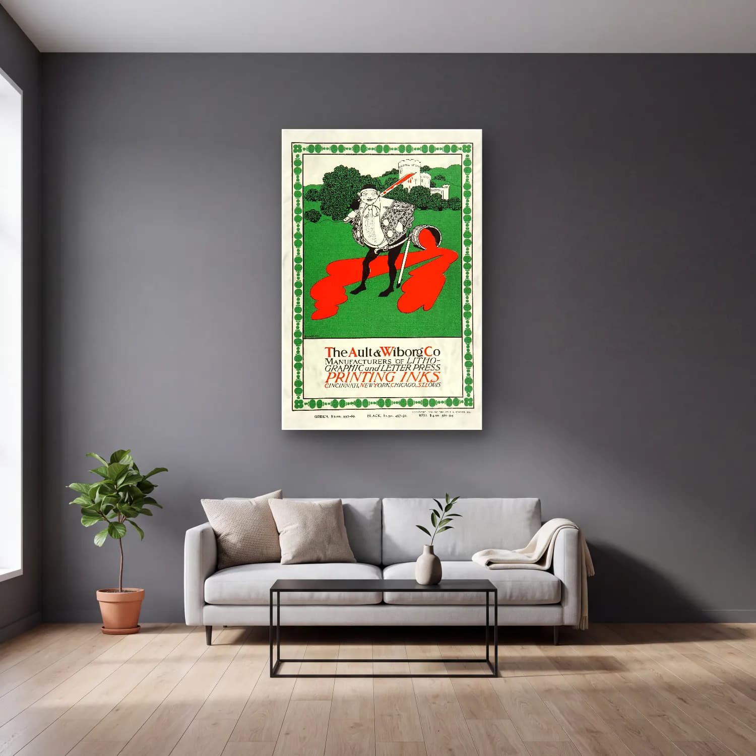 Vintage Poster Şövalye – Yeşil Tonlar cam tablo — gri duvarlı salonda