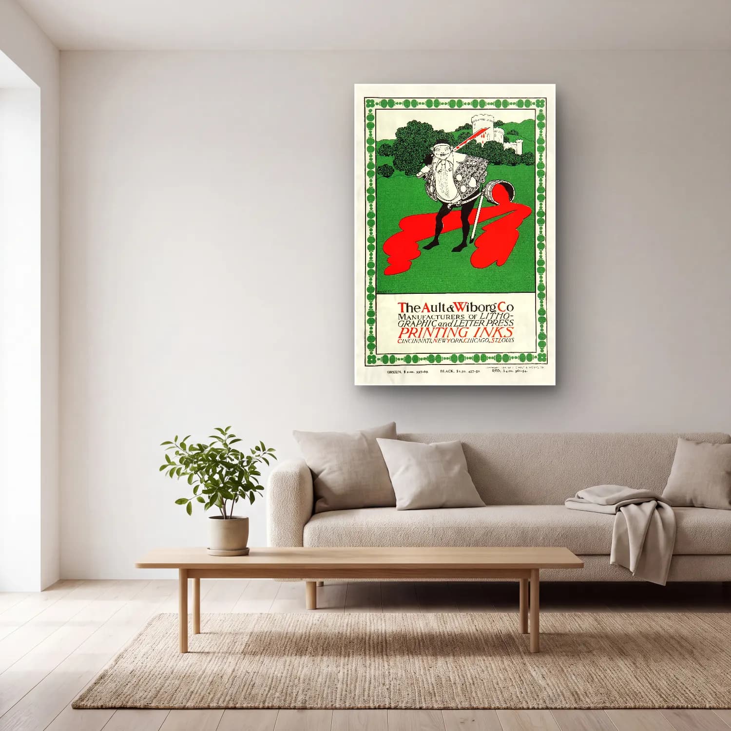 Vintage Poster Şövalye – Yeşil Tonlar cam tablo — açık renk salonda