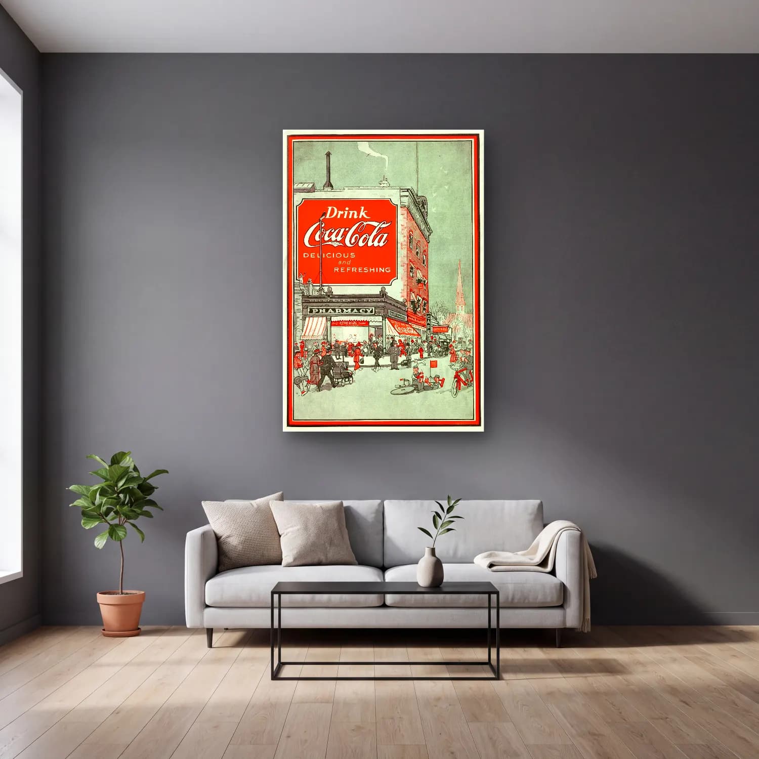 Vintage Poster Kafeli Avrupa Sokağı – Kırmızı Tonlar cam tablo — gri duvarlı salonda